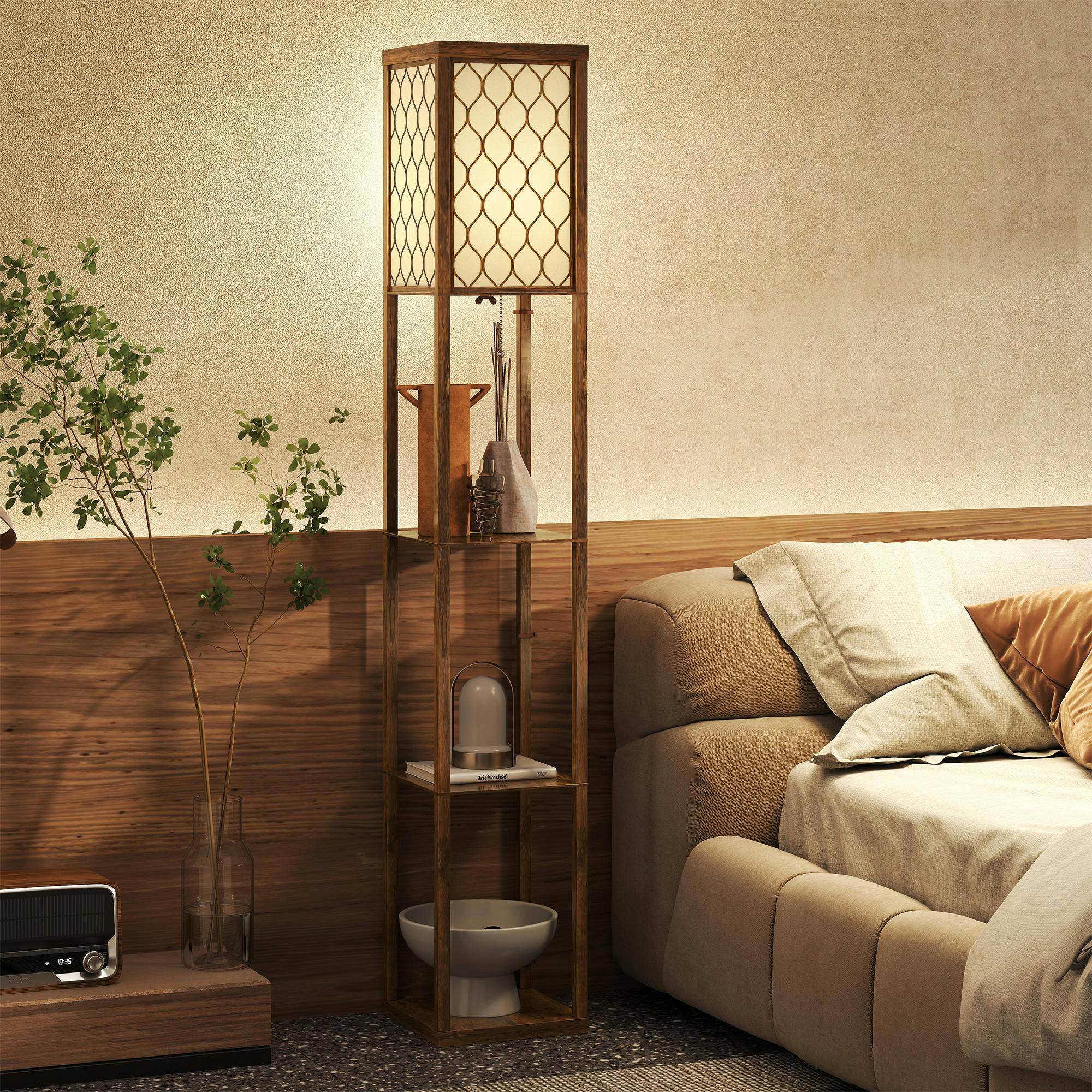 Rackhams Light/Brown Modern Floor Lamp With 3 Shelves Fabric Lampshade, Rustic - Bulb Not Included - Mdf, Cotton - Floor Lamp