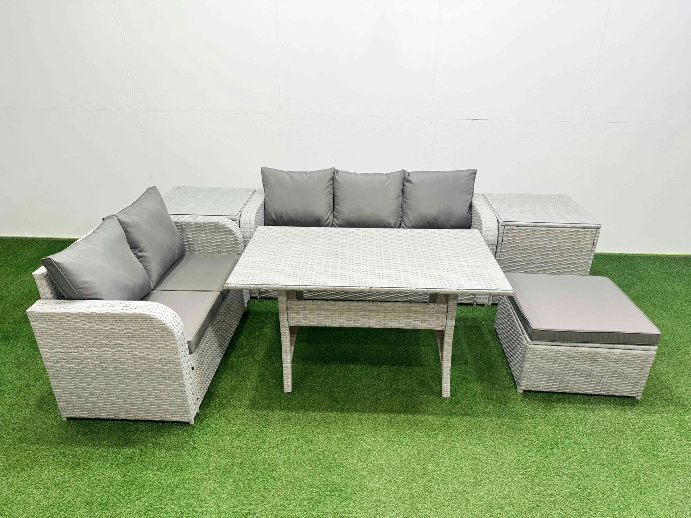 Rackhams Light/Grey/Dark 6-Seater Pe Rattan Outdoor Sofa Set | Rectangular Dining Table, 3-Seater Sofa, Loveseat, Footstool, 2 Side Tables Large
