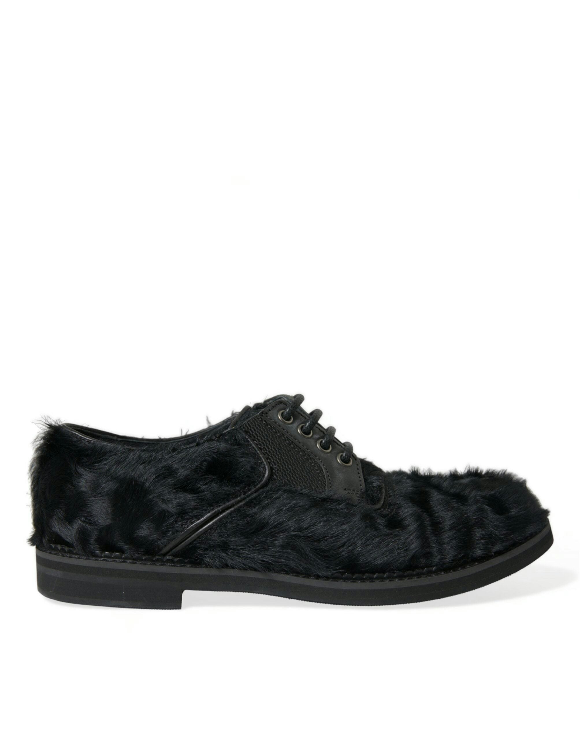 Dolce & Gabbana Black Leather Fur Lace Up Derby Dress Shoes - Size 41 Eu