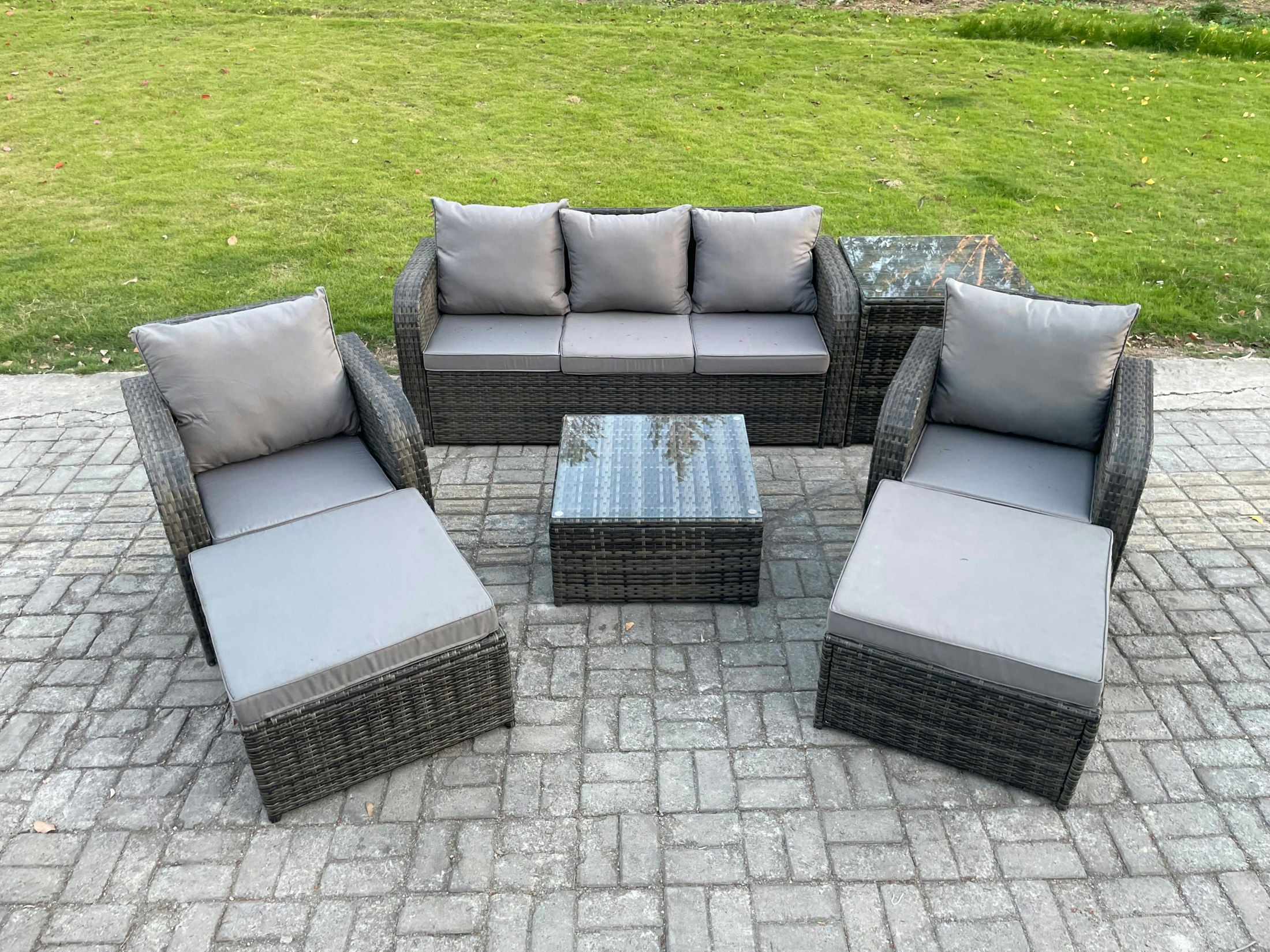 Fimous Dark/Grey Patio Garden Furniture Sets Wicker 7 Seater Outdoor Rattan Furniture Sofa Sets With Square Coffee Table Side Table 2 Big Footstool