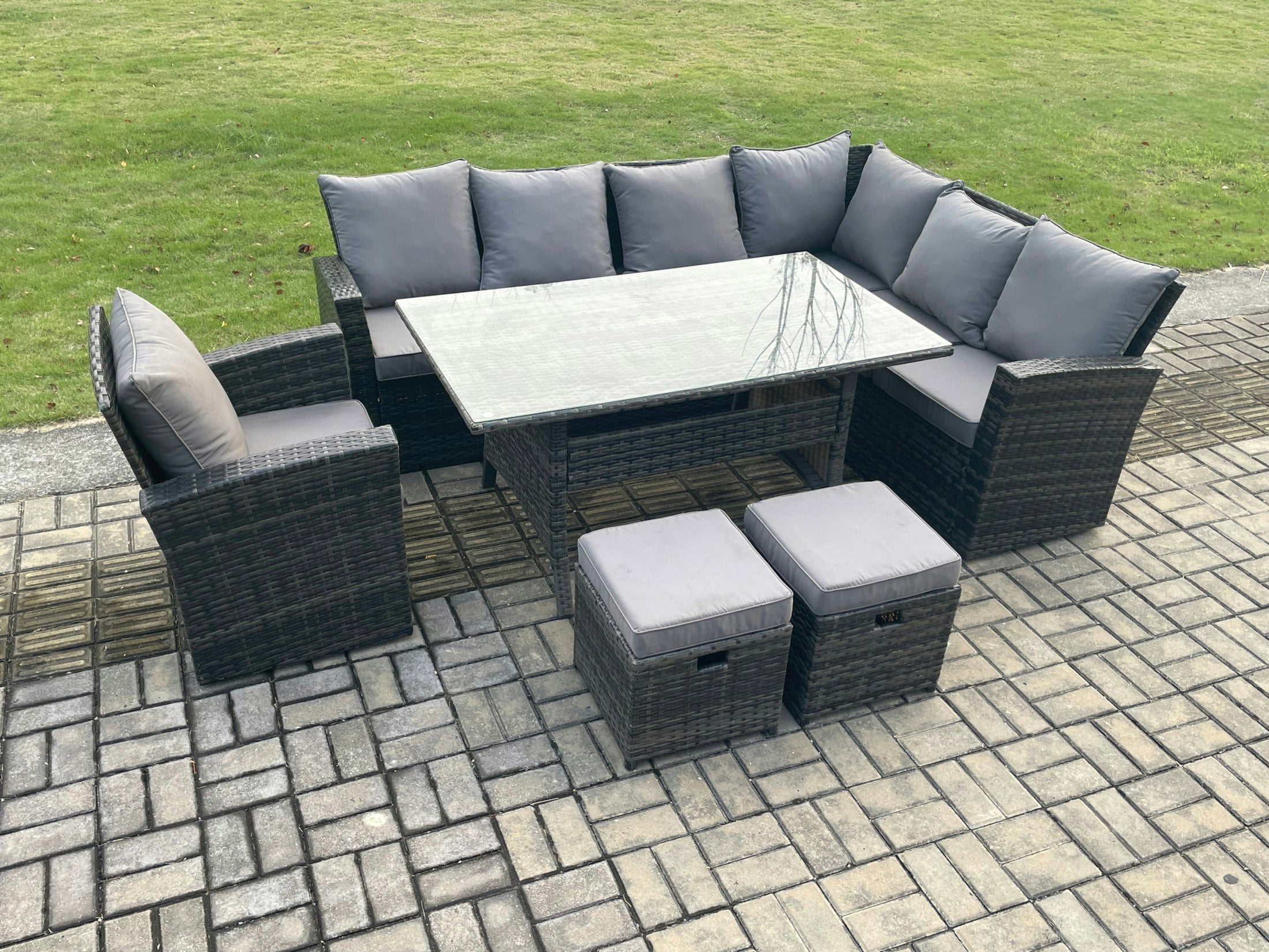 Rackhams 9 Seater Garden Rattan Furniture Corner Sofa Dining Table Set With 2 Small Footstools Armchair Indoor Outdoor Lounge Sofa Set