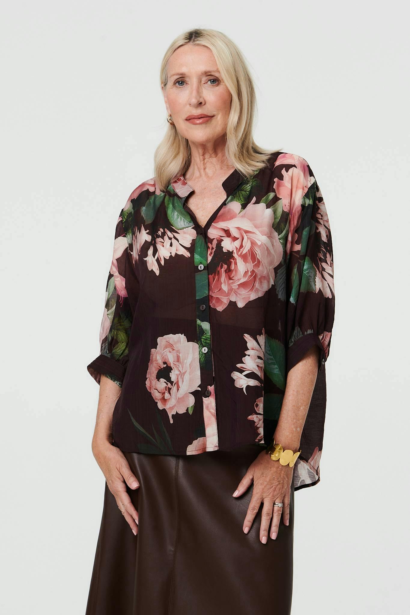 Izabel London Purple Floral Relaxed 3/4 Sleeve Blouse - 8