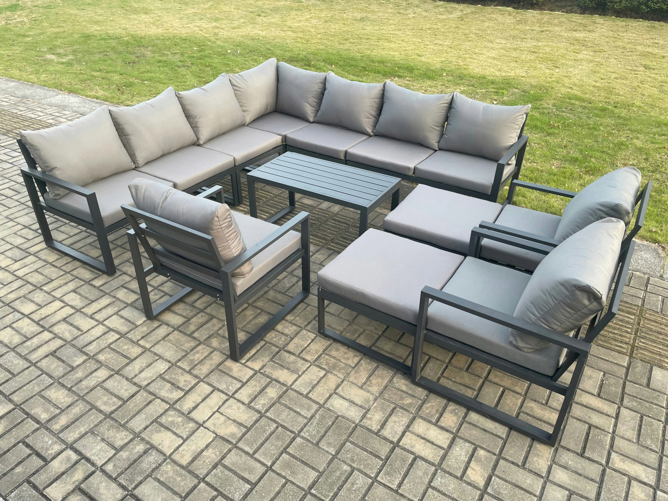 Rackhams Dark/Grey Aluminium Outdoor Garden Furniture Set Lounge Corner Sofa 3 Pcs Chair Oblong Coffee Table Sets With 2 Big Footstools