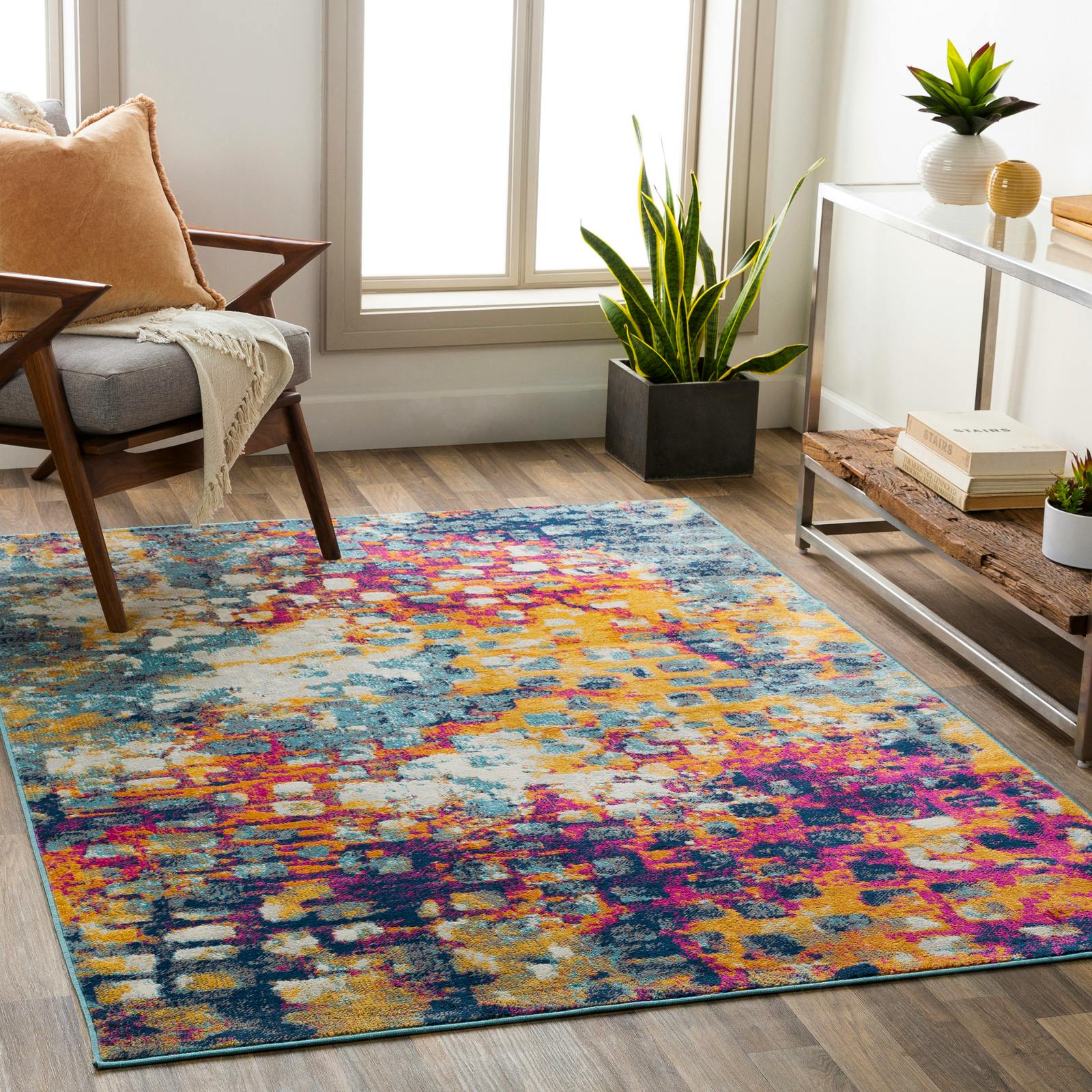 Rackhams Pink/Yellow/Blue Floransa-Abstract Grey Modern Marble Rug - 160 X 215 Cm