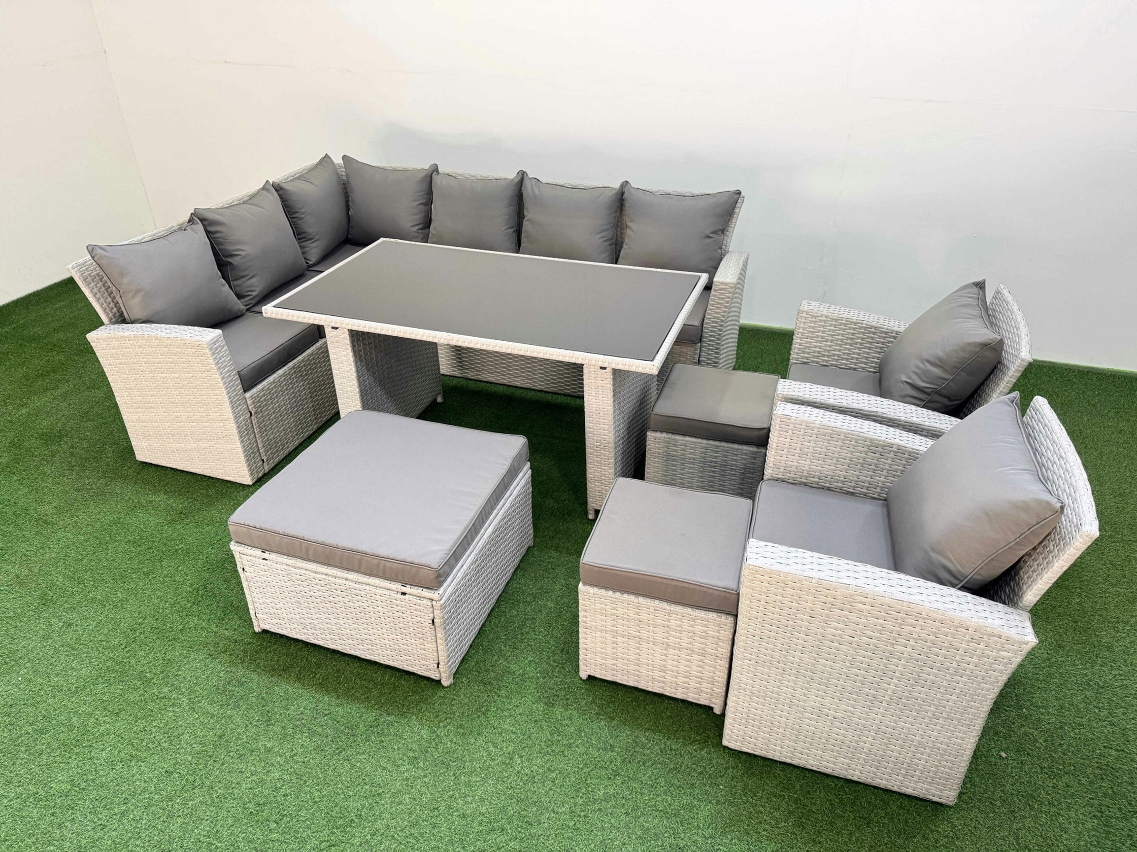 Rackhams Light/Grey 11 Seater Wicker Rattan Corner Sofa Sets Outdoor Garden Furniture Sets With Rectangular Dining Table Lounge Sofa 3 Footstools