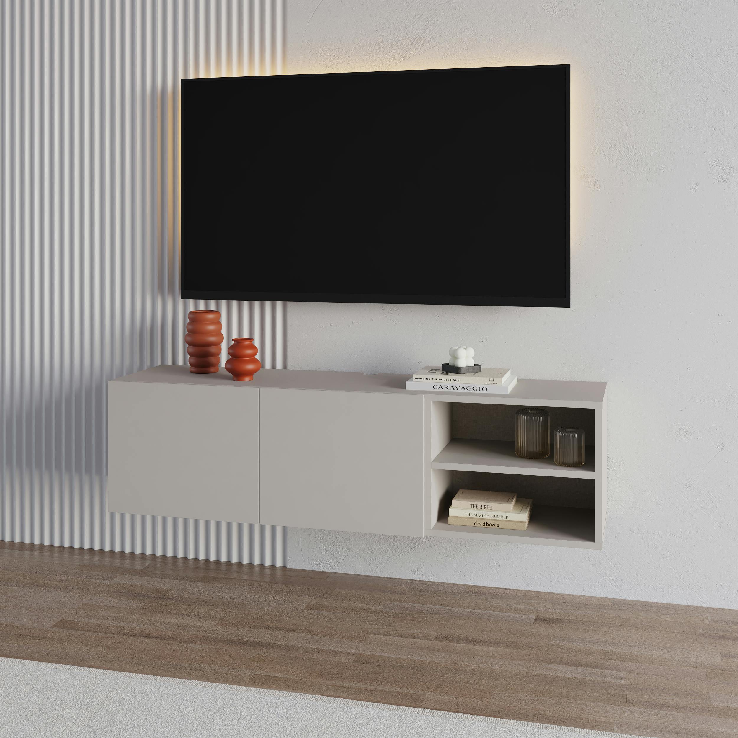 Decortie Conrad Wall-Mounted TV Unit with 2 Doors and 2 Shelves in Sandstone, 38 x 140 x 35 cm - Image 3