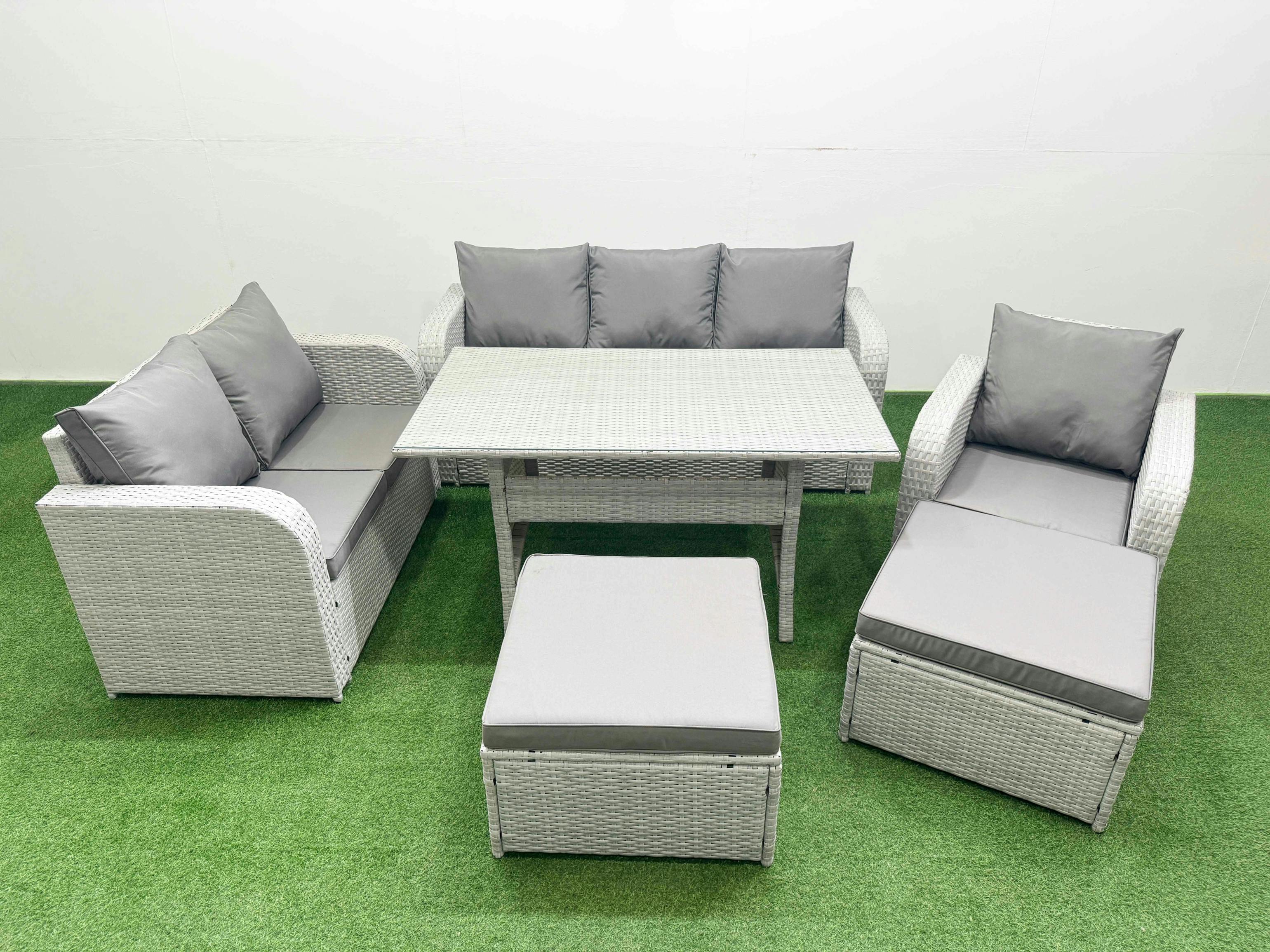 Fimous Light/Grey 8 Seater Pe Wicker Rattan Garden Furniture Patio Set, Dining Table, Reclining Chair, Loveseat, 3 Seater Sofa, 2 Big Footstools,