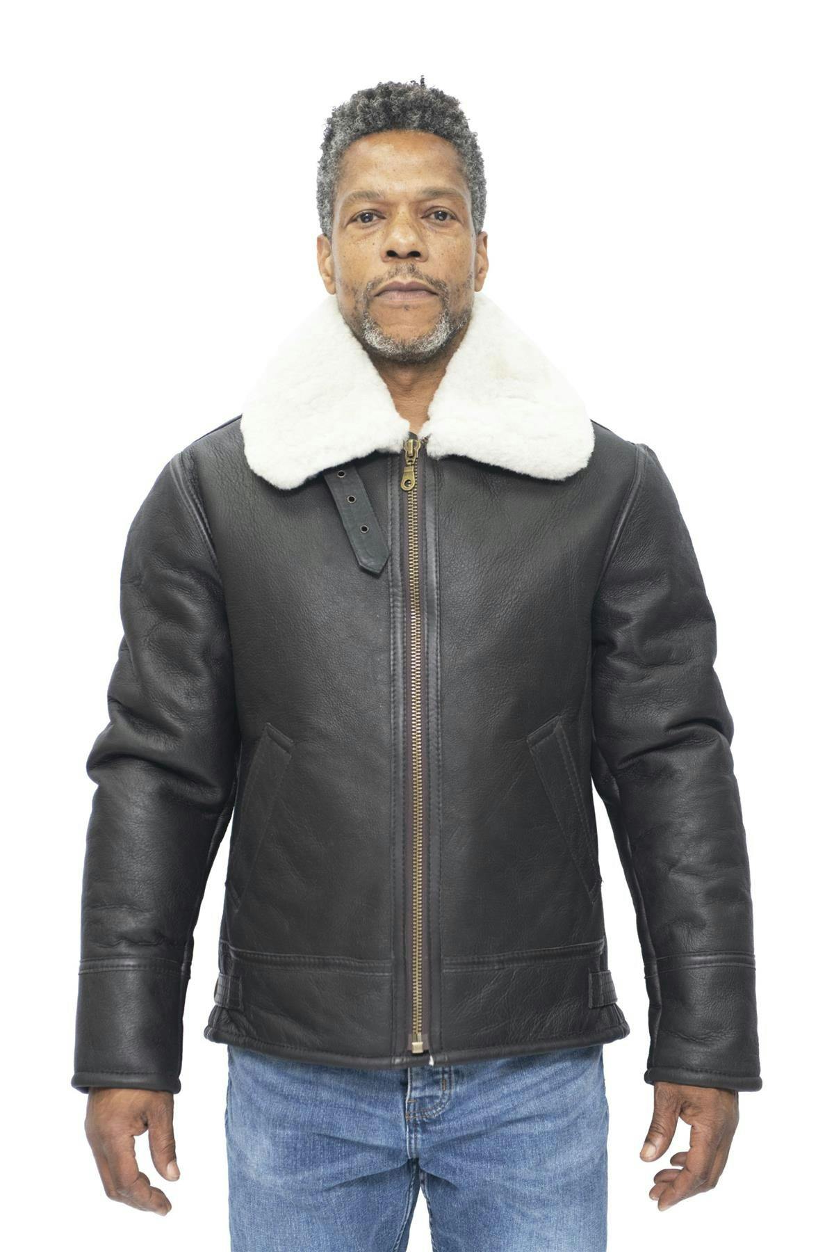 Infinity Leather Men's Brown/Cream B3 Ww2 Leather Sheepskin Aviator Flying Jacket-Charleston - Uk 4XL | Eu 58 | Us 48