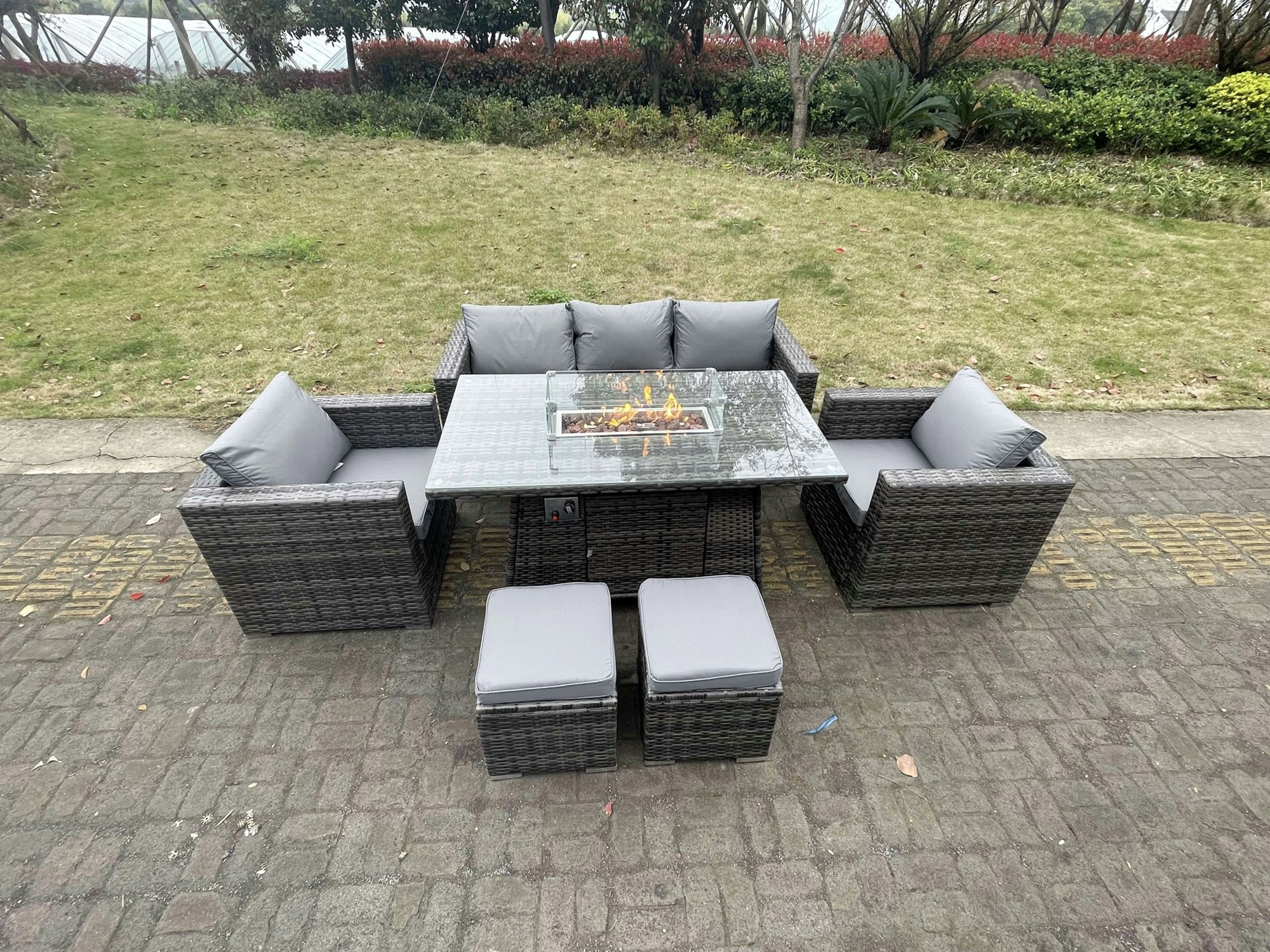 Rackhams Dark/Grey Outdoor Pe Rattan Garden Furniture Gas Fire Pit Dining Table Lounge Sofa 2 Pc Armchairs 2 Pc Footstools Mixed Patio