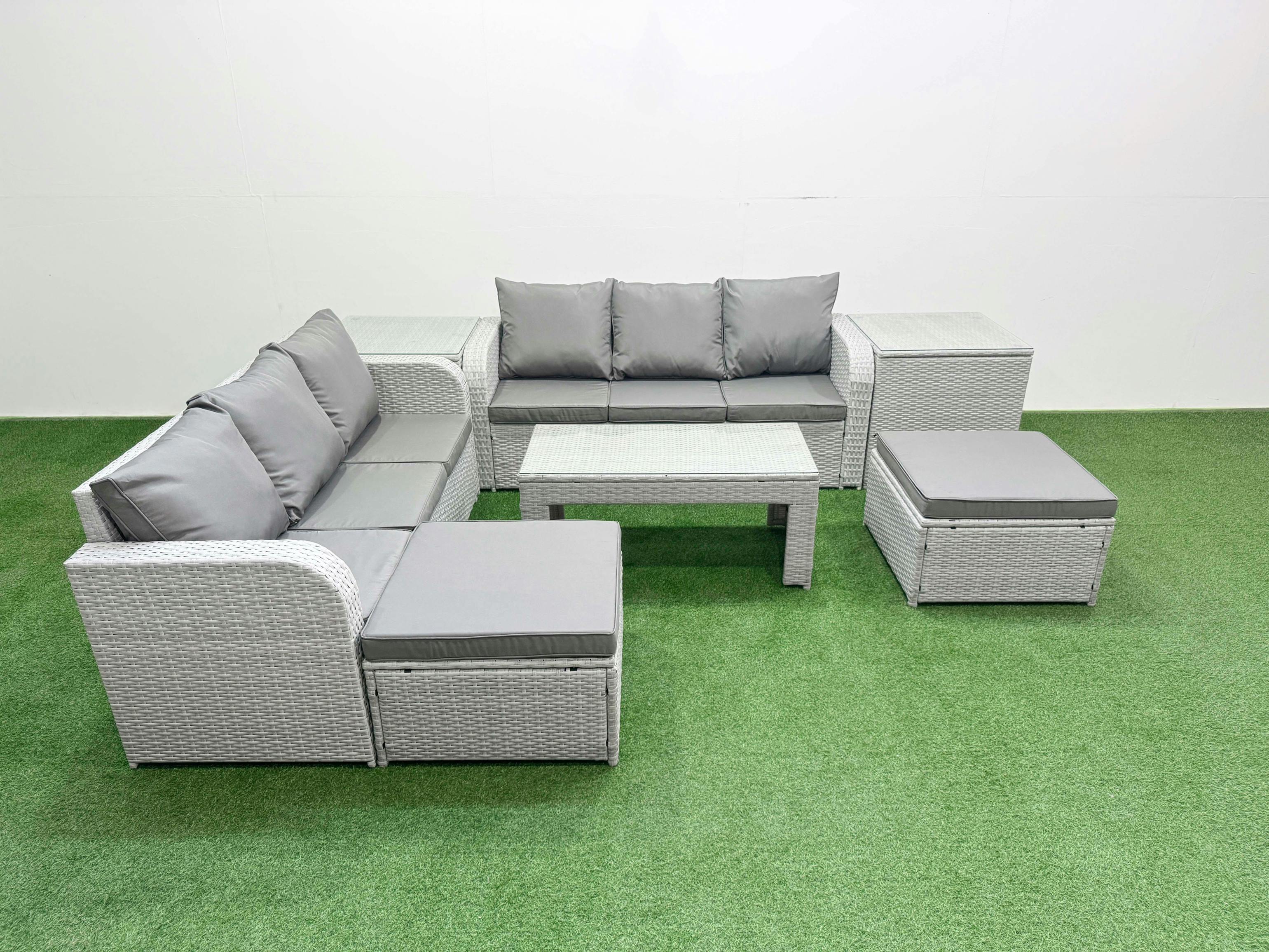 Rackhams Light/Grey 8 Seater Garden Furniture Set, Wicker Lounge Sofa, Coffee Table, 2 Big Footstools And 2 Side Tables,