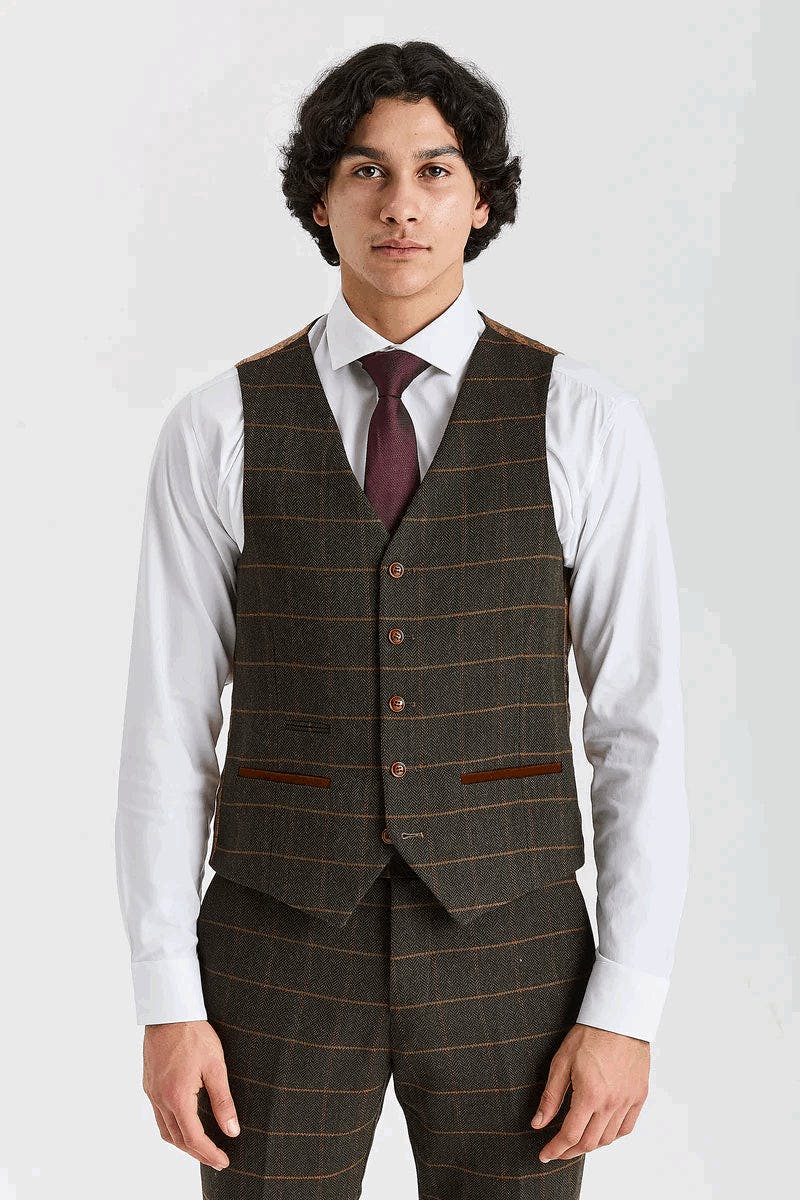 Paul Andrew Men's Green Harris - Tweed Herringbone Check Waistcoat - 42