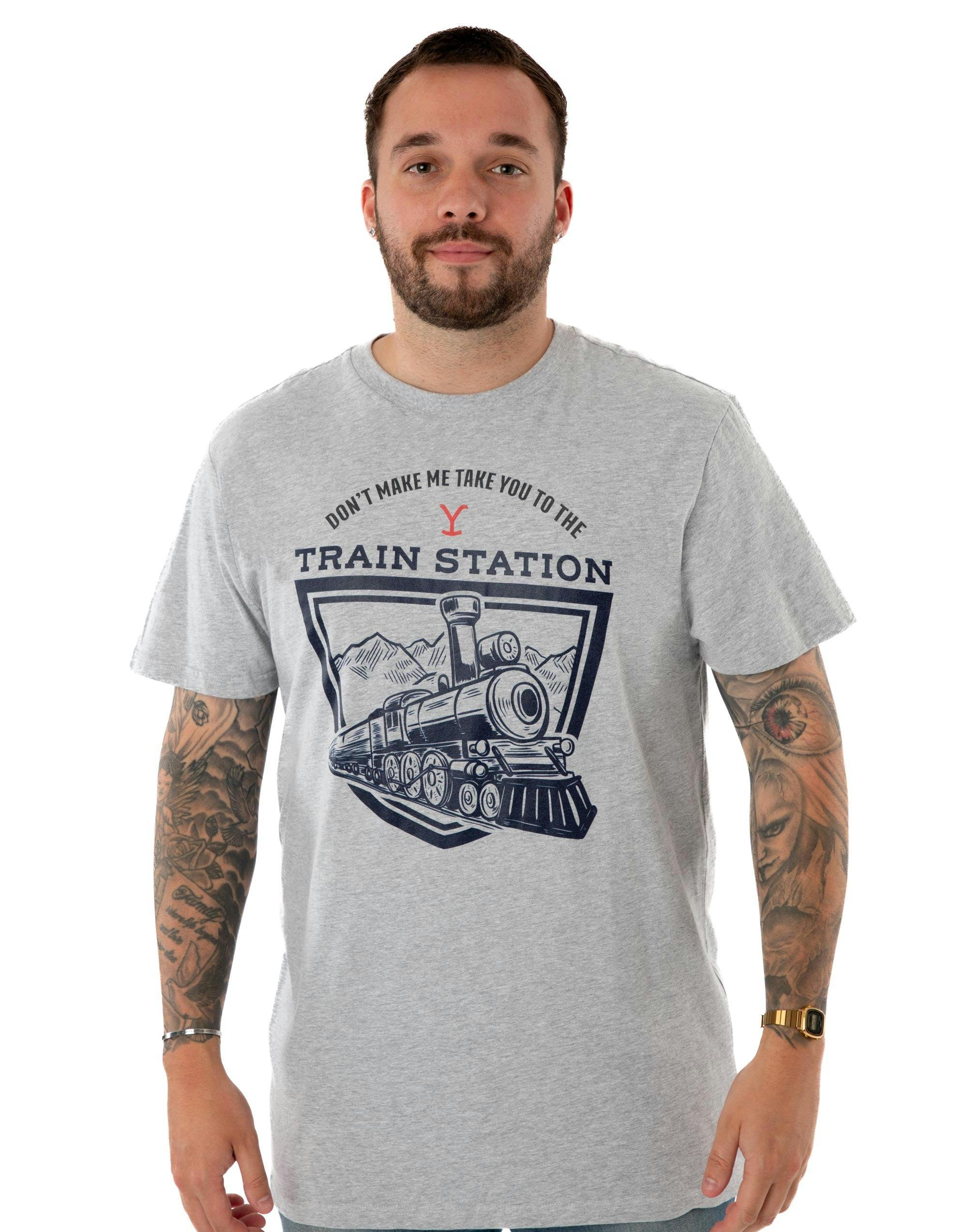 Vanilla Underground Men's Grey Yellowstone Train Station Short Sleeved T-Shirt - Medium