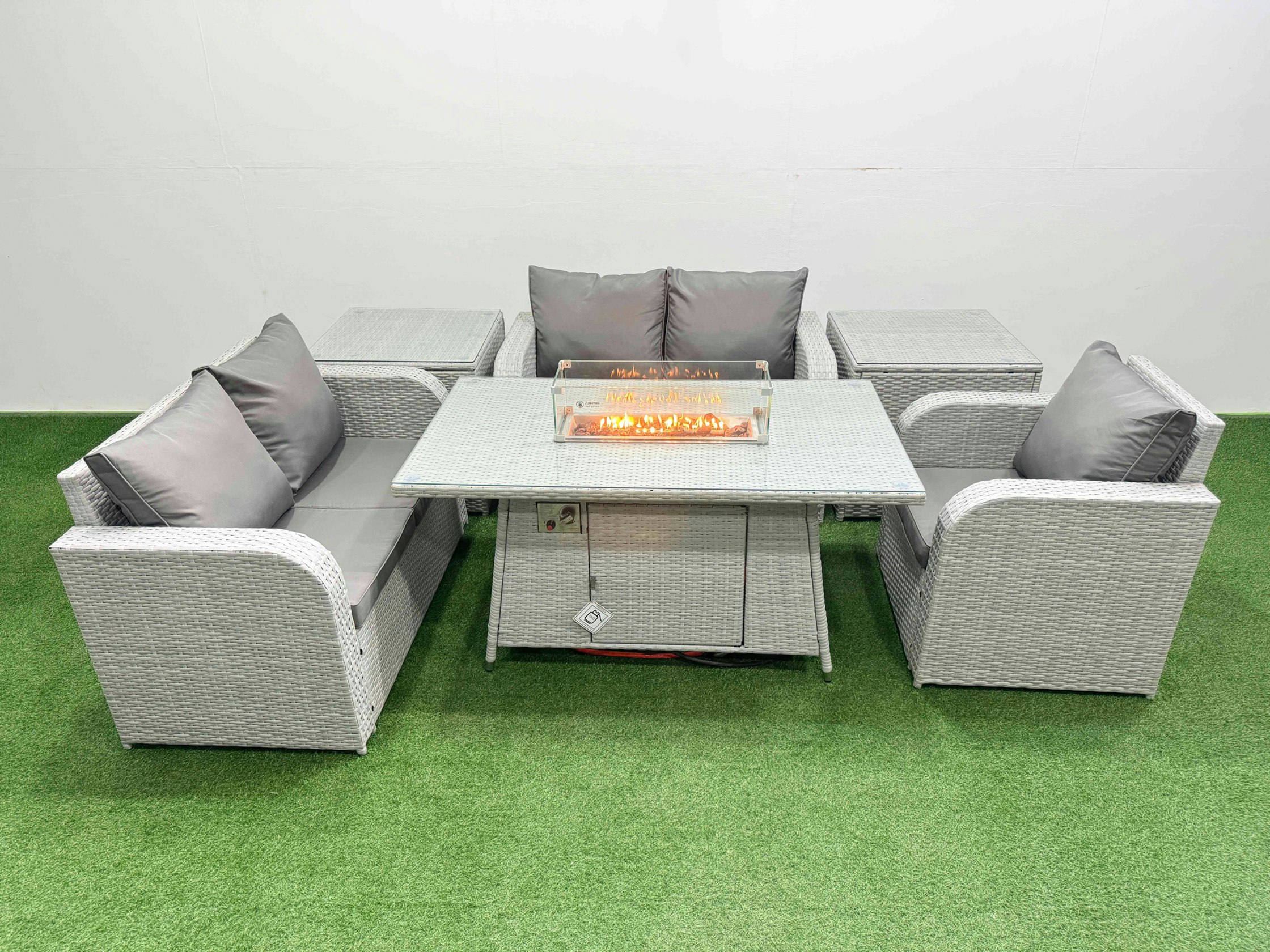 Fimous Light/Grey High Back Rattan Garden Furniture Set With Reclining Chair Loveseat Sofa Fire Pit Dining Table Indoor Outdoor Patio Set 2 Side Table