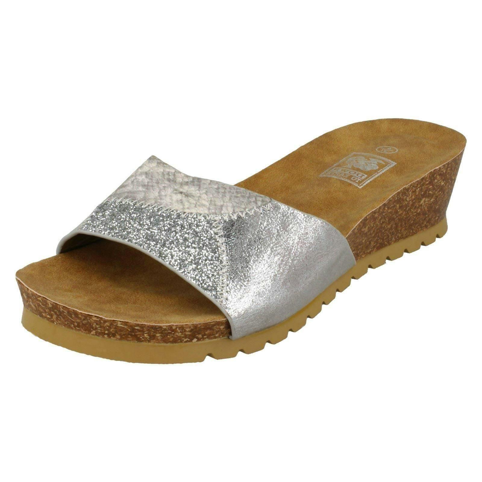 Down To Earth Women's Silver Mid Cork Wedge Sandals - Uk 5