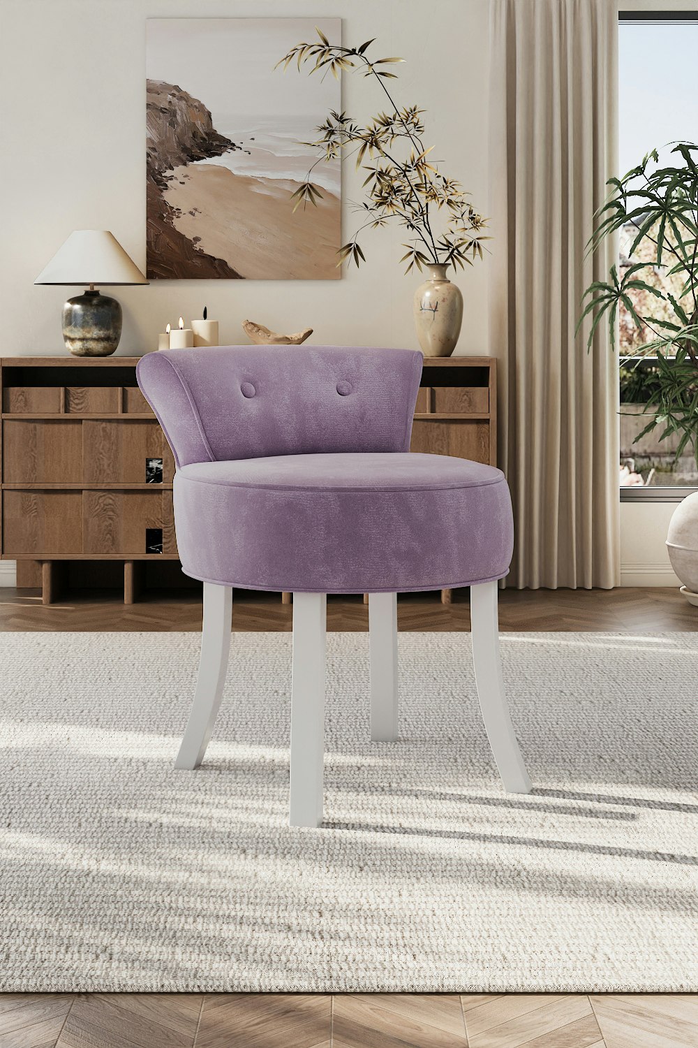 Rackhams Purple/White Velvet Make Up Chair Dressing Footstool With Legs