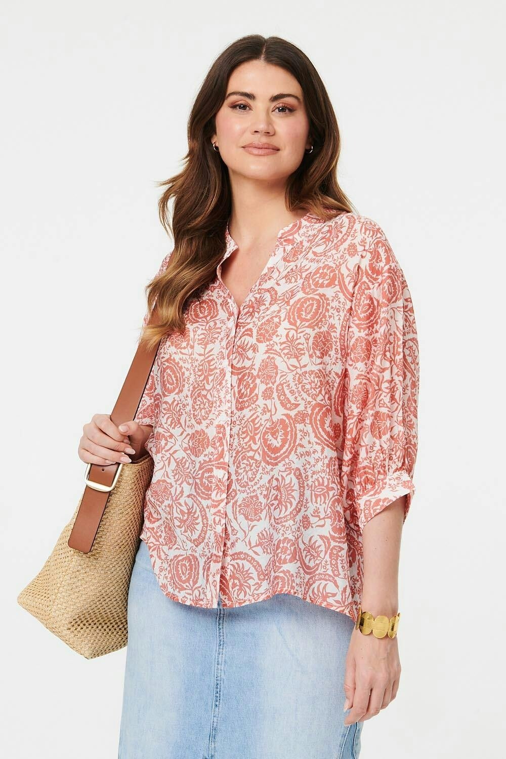 Izabel London Orange Printed Relaxed 3/4 Sleeve Shirt - 18