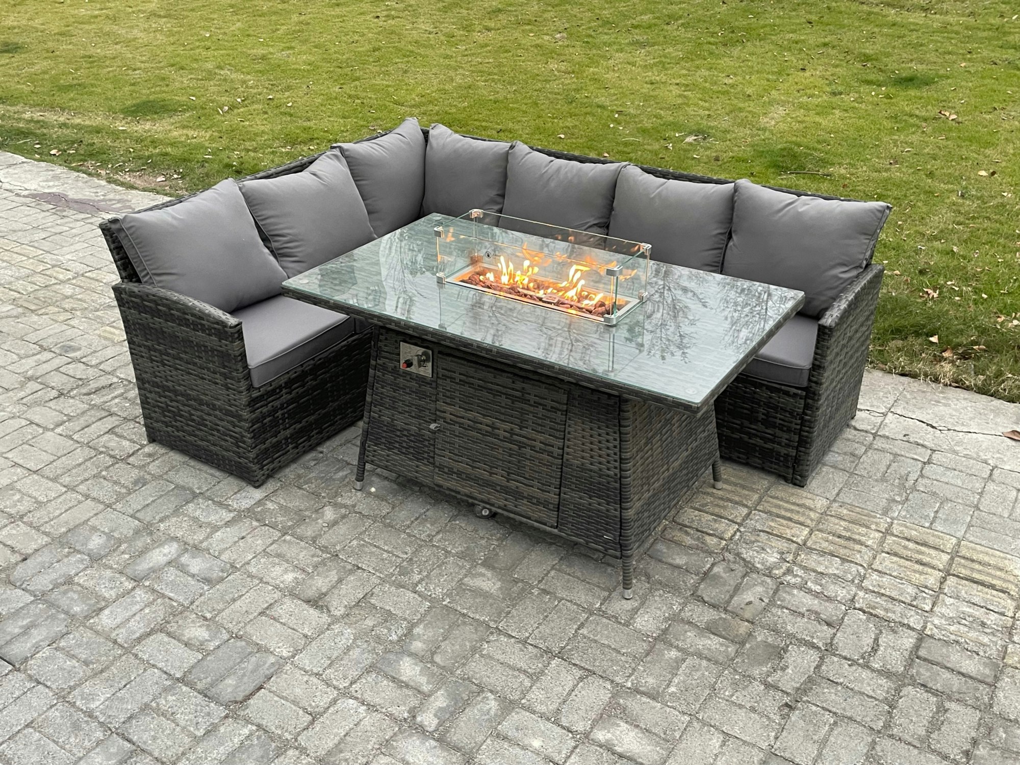 Fimous Dark/Grey Rattan Garden Furniture High Back Corner Sofa Gas Fire Pit Dining Table Sets Gas Heater 6 Seater Mixed