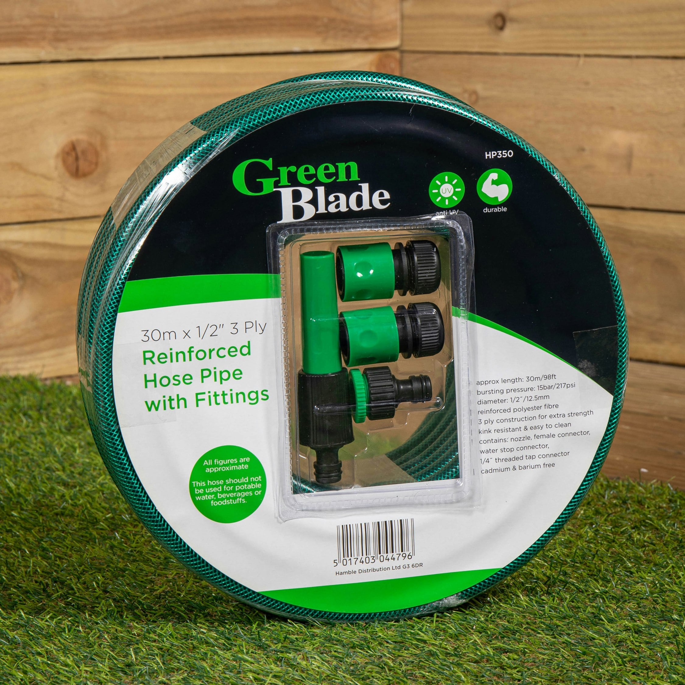 Samuel Alexander Green 30M Reinforced Garden Hose Pipe / Hosepipe In With Fittings