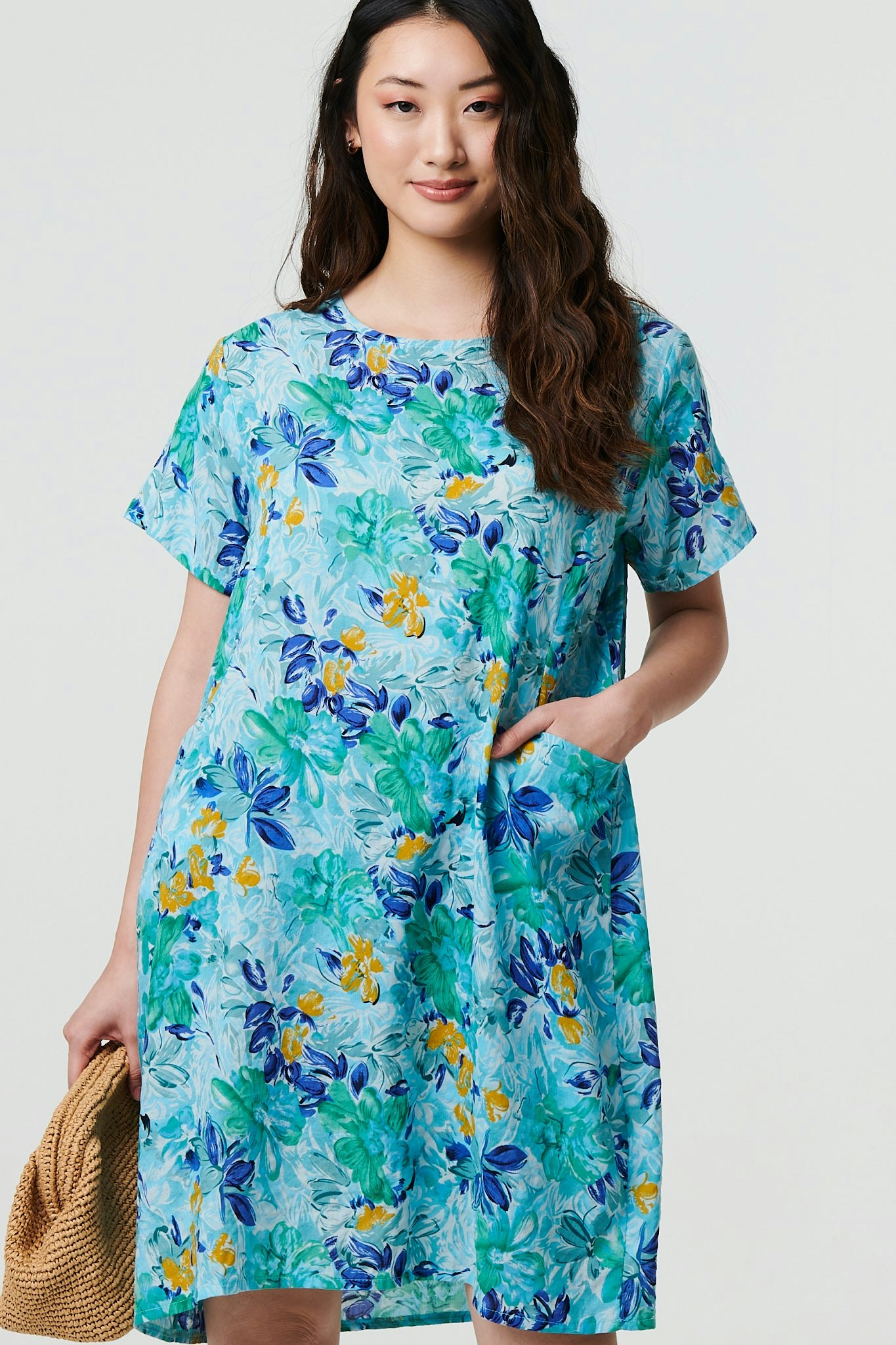 Izabel London Blue Floral 1/2 Sleeve Knee Length Shift Dress - M
