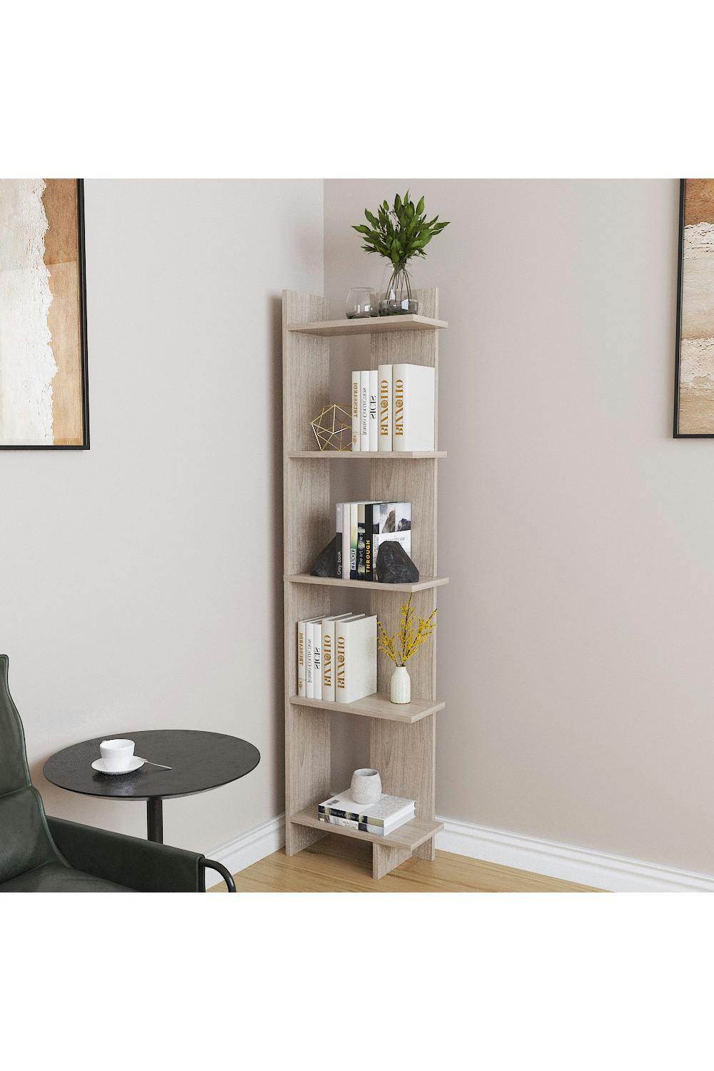 Living And Home 5 Tier Regin Wood Corner Bookcase Modern Unit Book Shelf - Natural