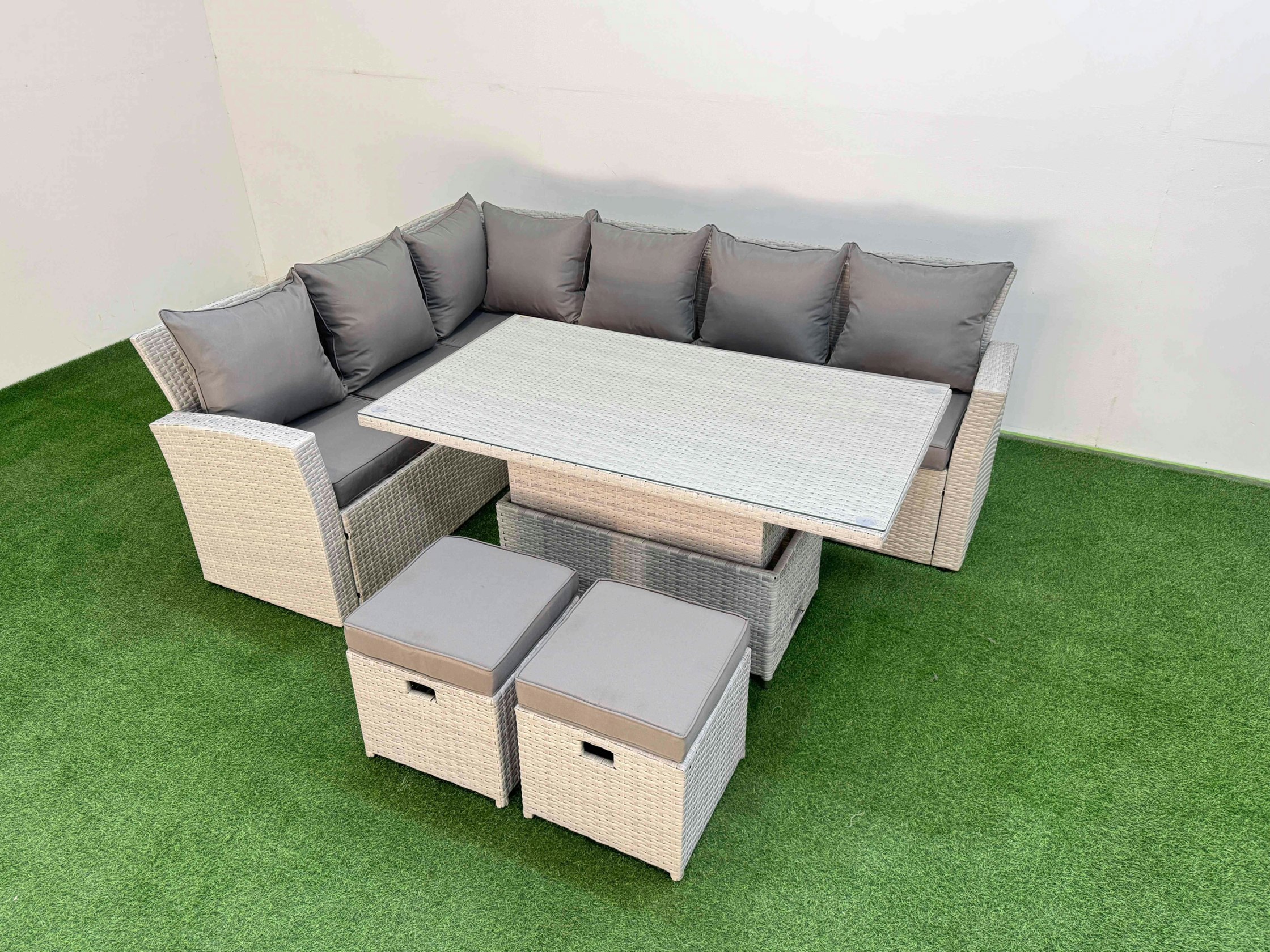 Fimous Light/Grey 8 Seat Rattan Garden Furniture Corner Sofa Set Adjustable Lifting Dining Or Coffee Table With Armchair 2 Small Footstools