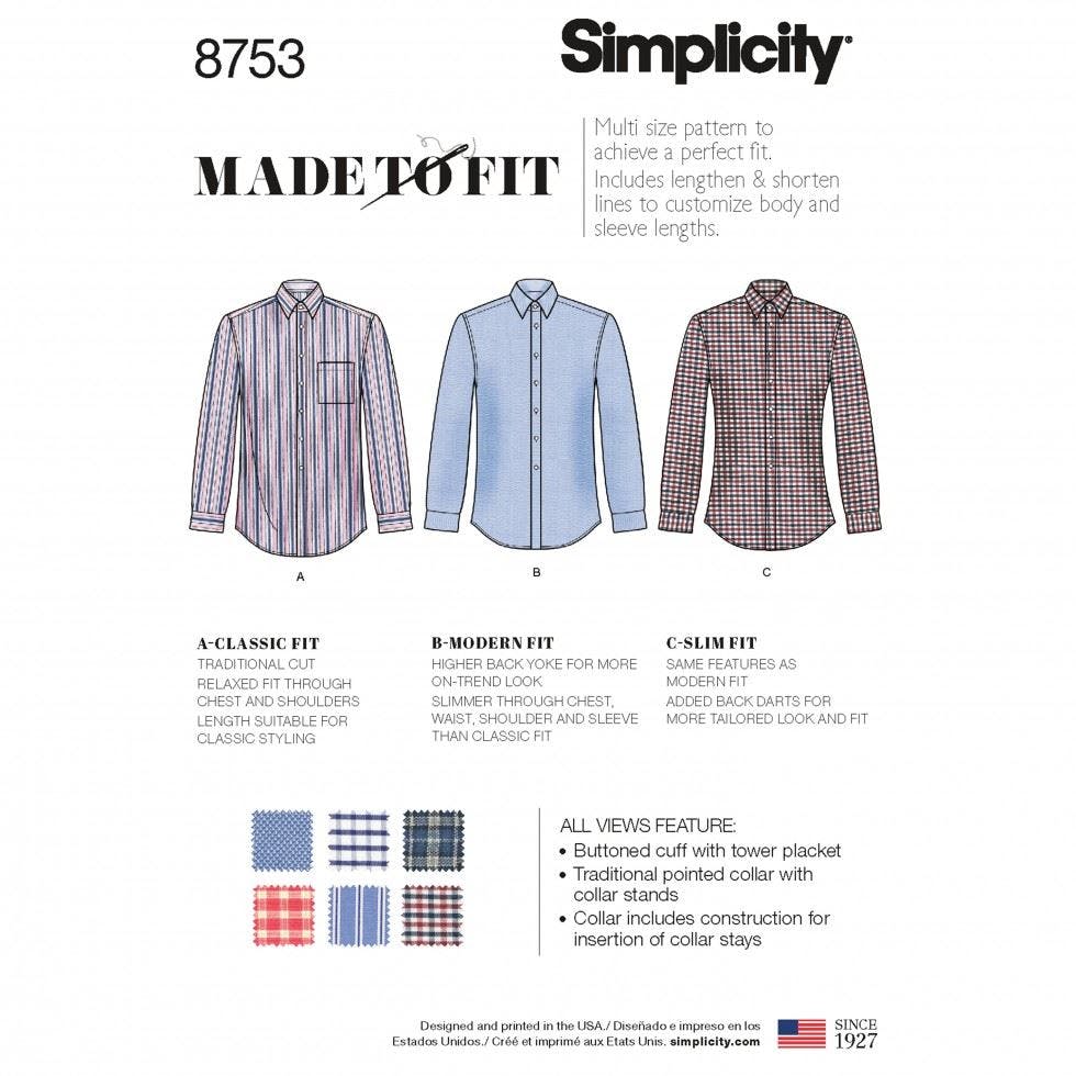 Simplicity Men's Sewing Pattern 8753, Shirts For Aa (34-36-38-40-42) - Intermediate - Aa (34-36-38-40-42)