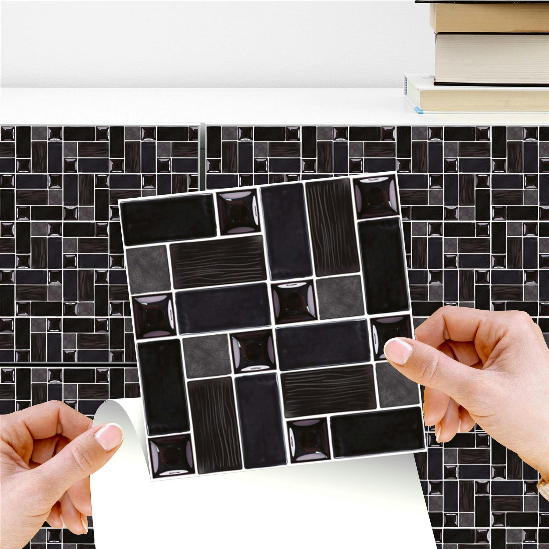 Walplus Black Wt1589 - Glossy Porcelain Mosaic Wall Tile Sticker Set - 15 X 15 Cm (6 X 6 In) - 24 Pcs