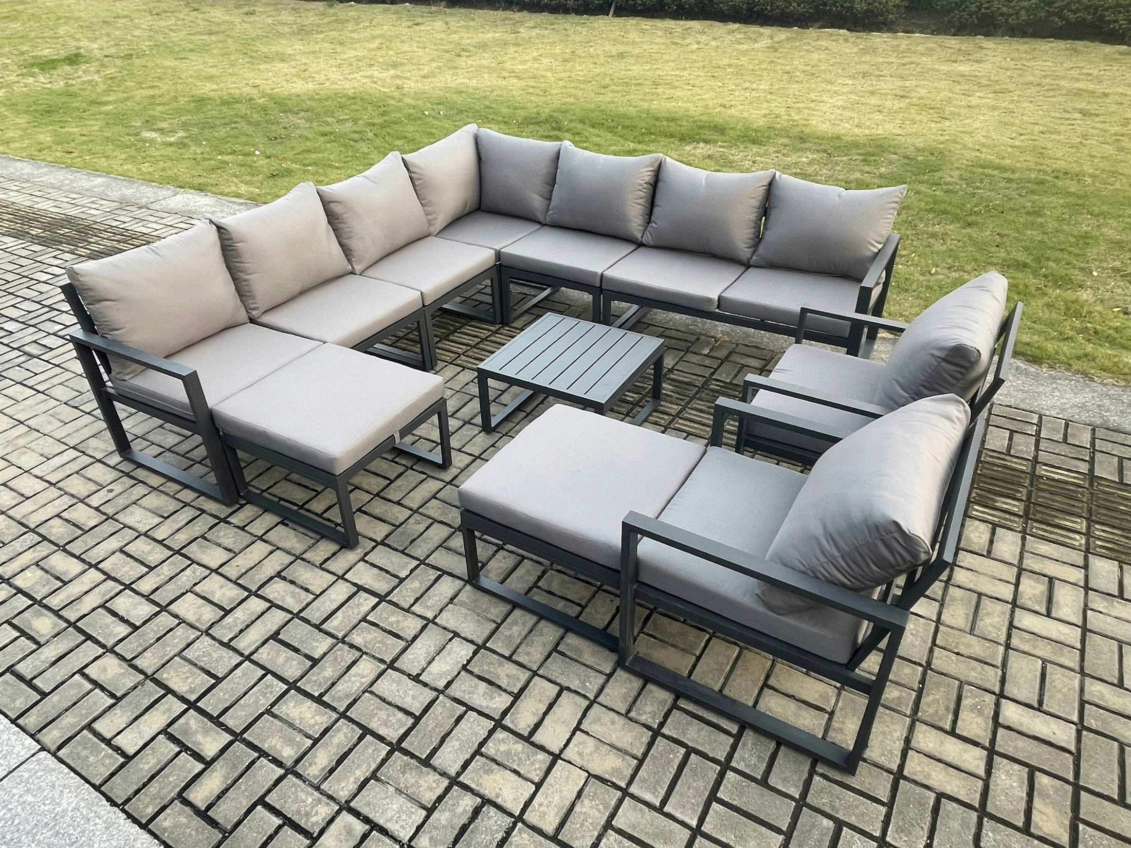 Fimous Dark/Grey Aluminium Outdoor Garden Furniture Set Lounge Corner Sofa 2 Pcs Chair Square Coffee Table Sets With 2 Big Footstools