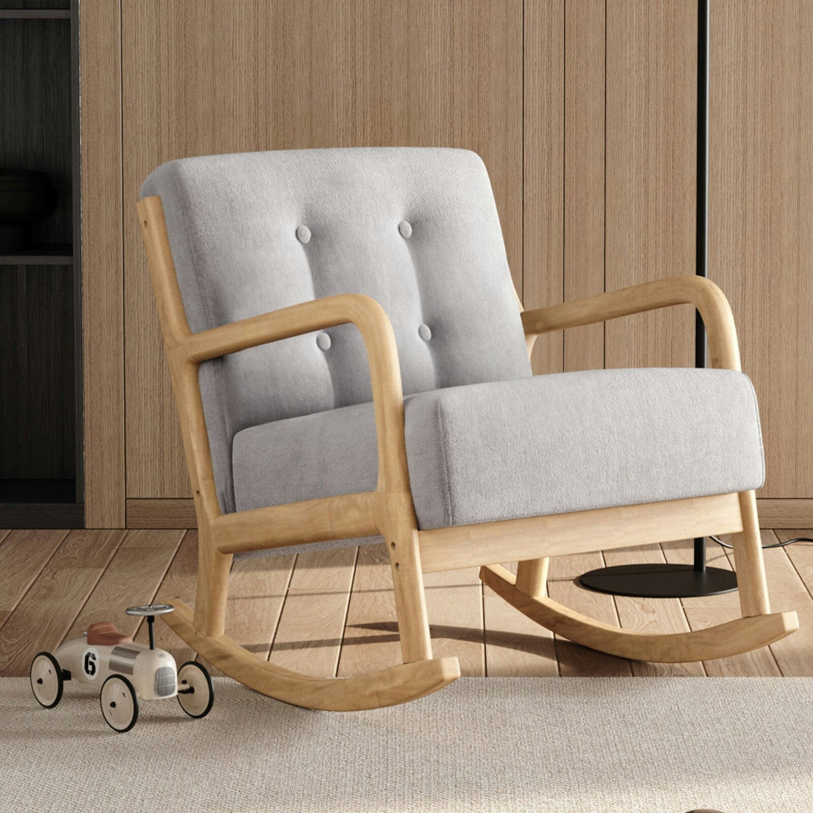 Living And Home Grey Linen Rocking Chair Upholstered Seat Lounge Chair - Natural Wood Runner