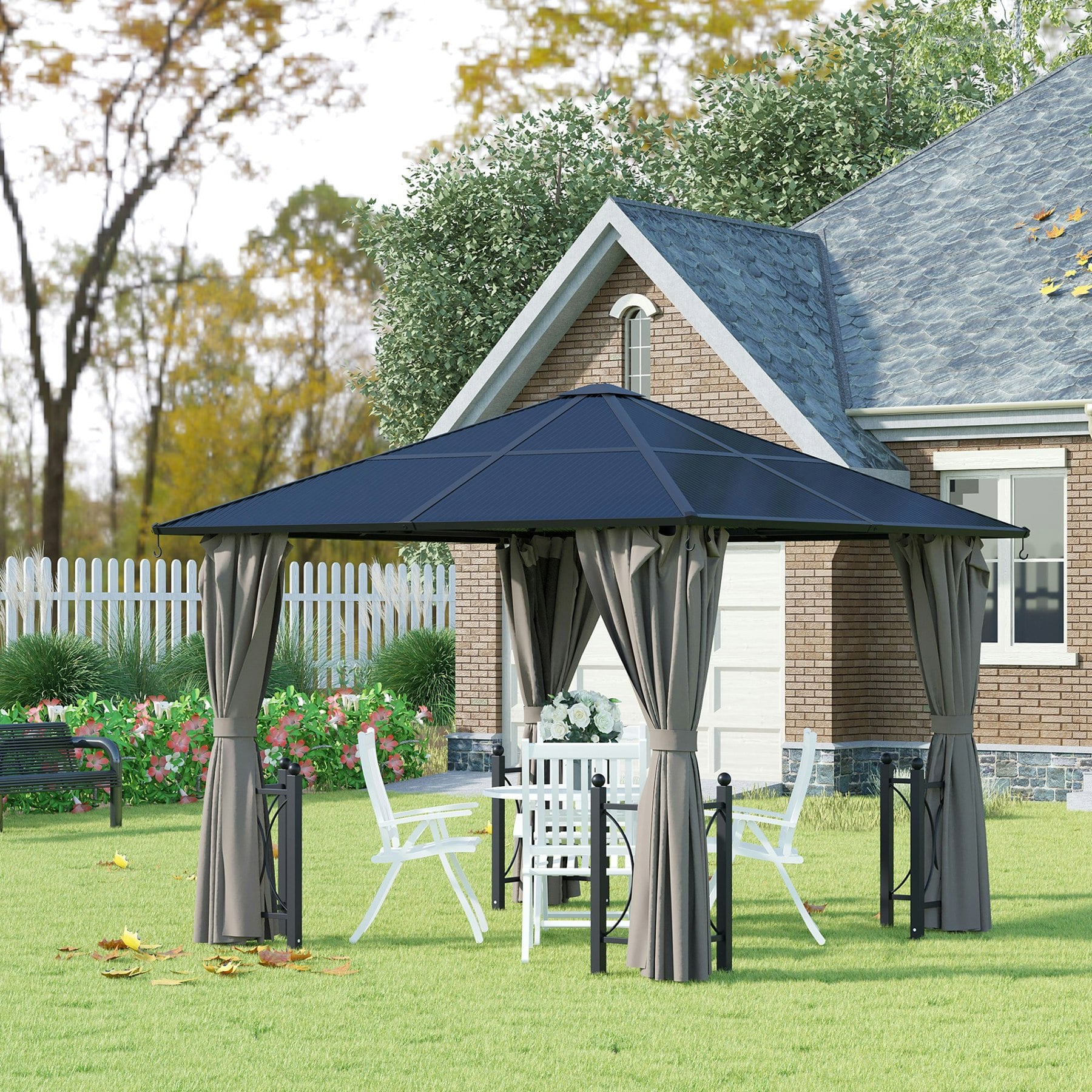 Outsunny 3X3(M) Hardtop Gazebo With Polycarbonate Roof, Netting And Curtains