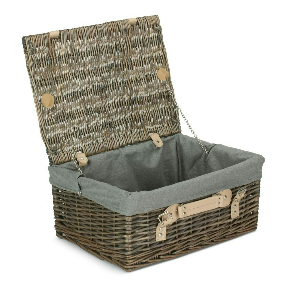 Rackhams Grey 41Cm Antique Wash Wicker Picnic Basket With Cotton Lining