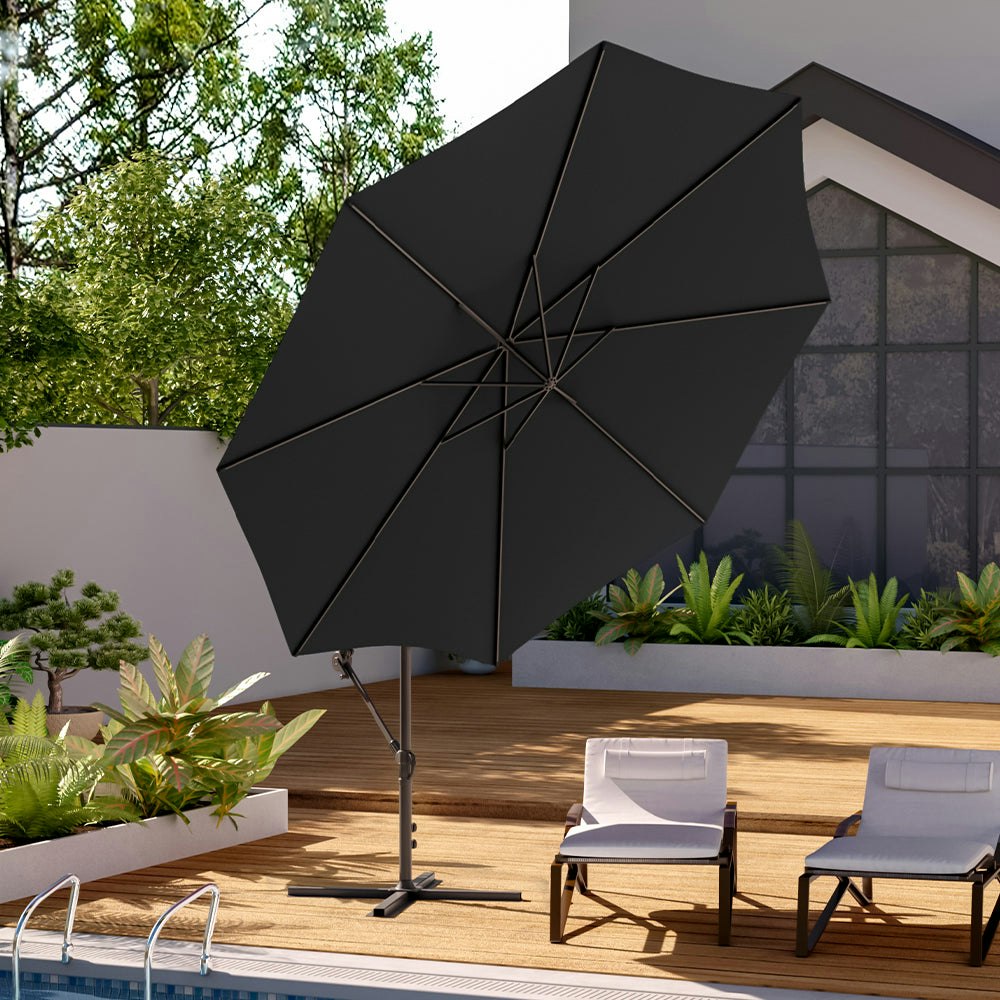 Rackhams Black 3M Sun Parasol Hanging Banana Umbrella - Cross Base