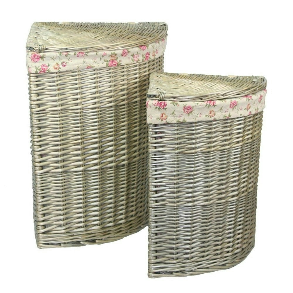 Rackhams White Antique Wash Corner Linen Basket Set 2 With Garden Rose Lining