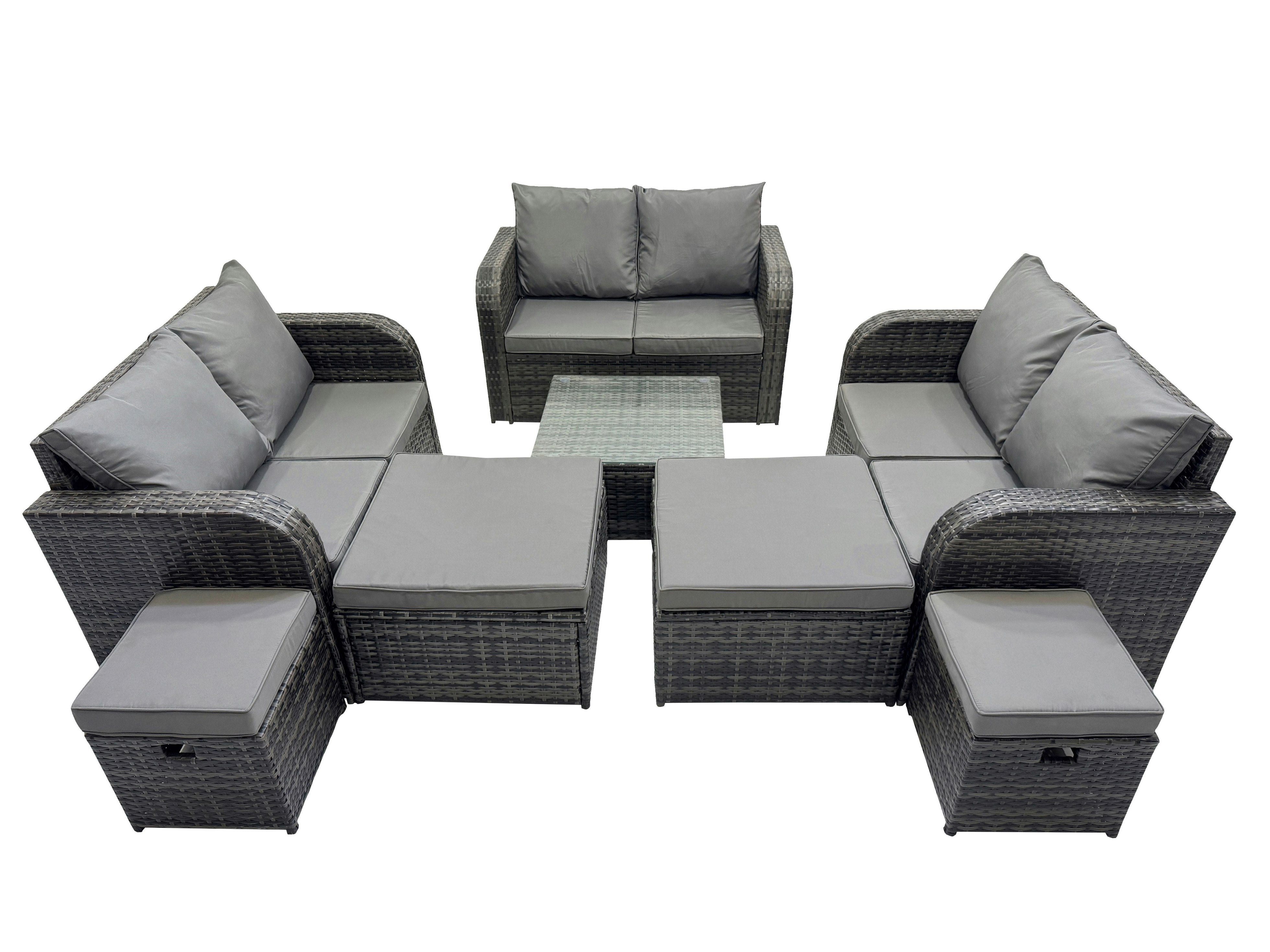 Rackhams Dark/Grey Rattan Garden Outdoor Furniture Set Love Sofa Square Coffee Table Set With 4 Stools Mixed