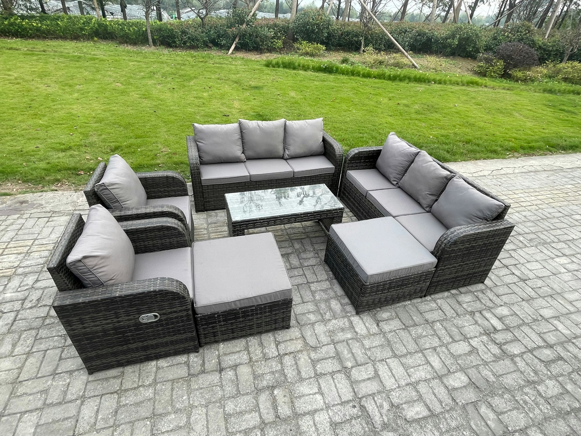 Fimous Rattan Wicker Garden Furniture Patio Conservatory Sofa Set With Rectangular Coffee Table Reclining Chair 2 Big Footstool