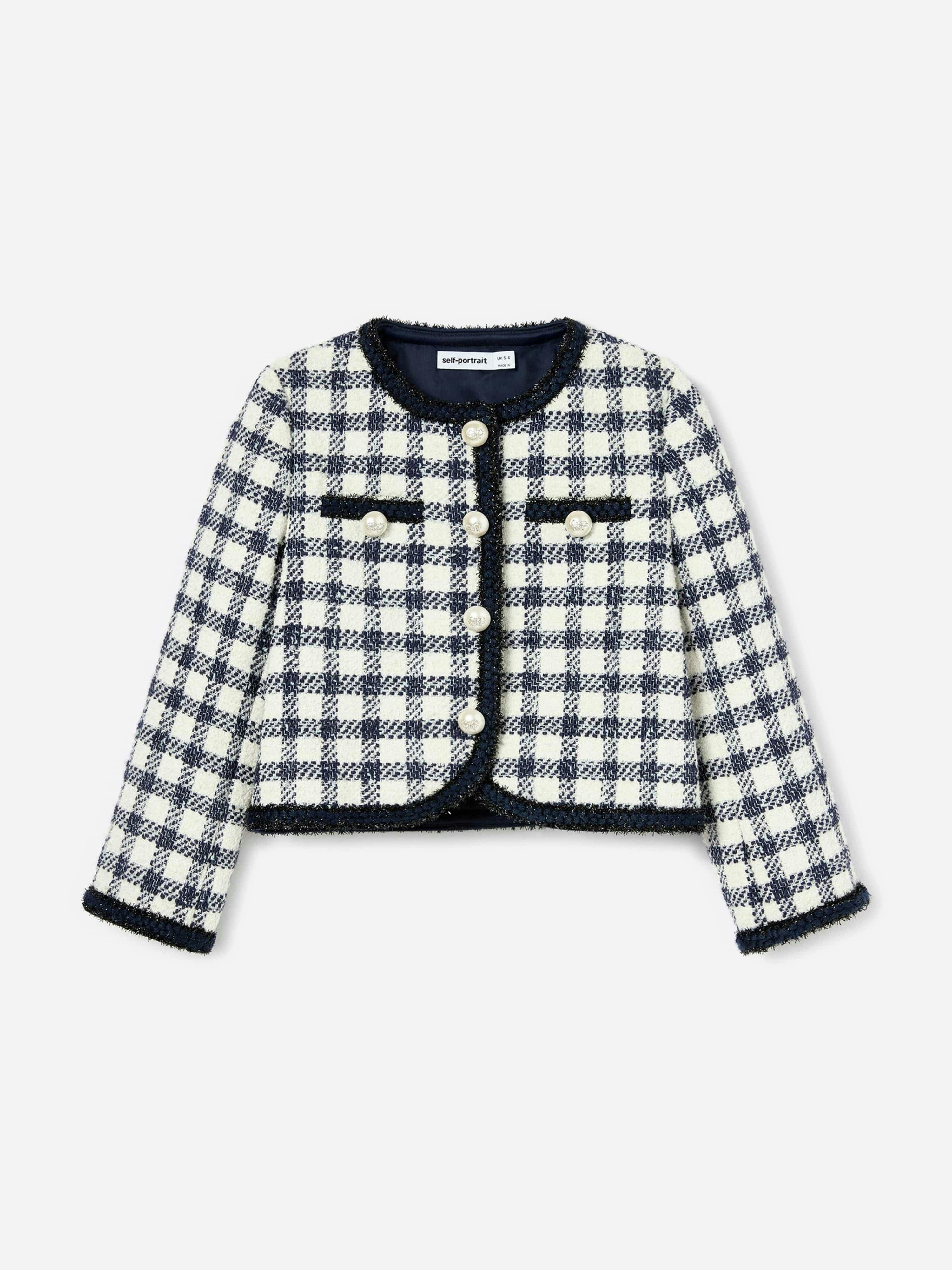 Self Portrait Girls Check Boucle Jacket In Navy - Navy - 3 - 4 Yrs