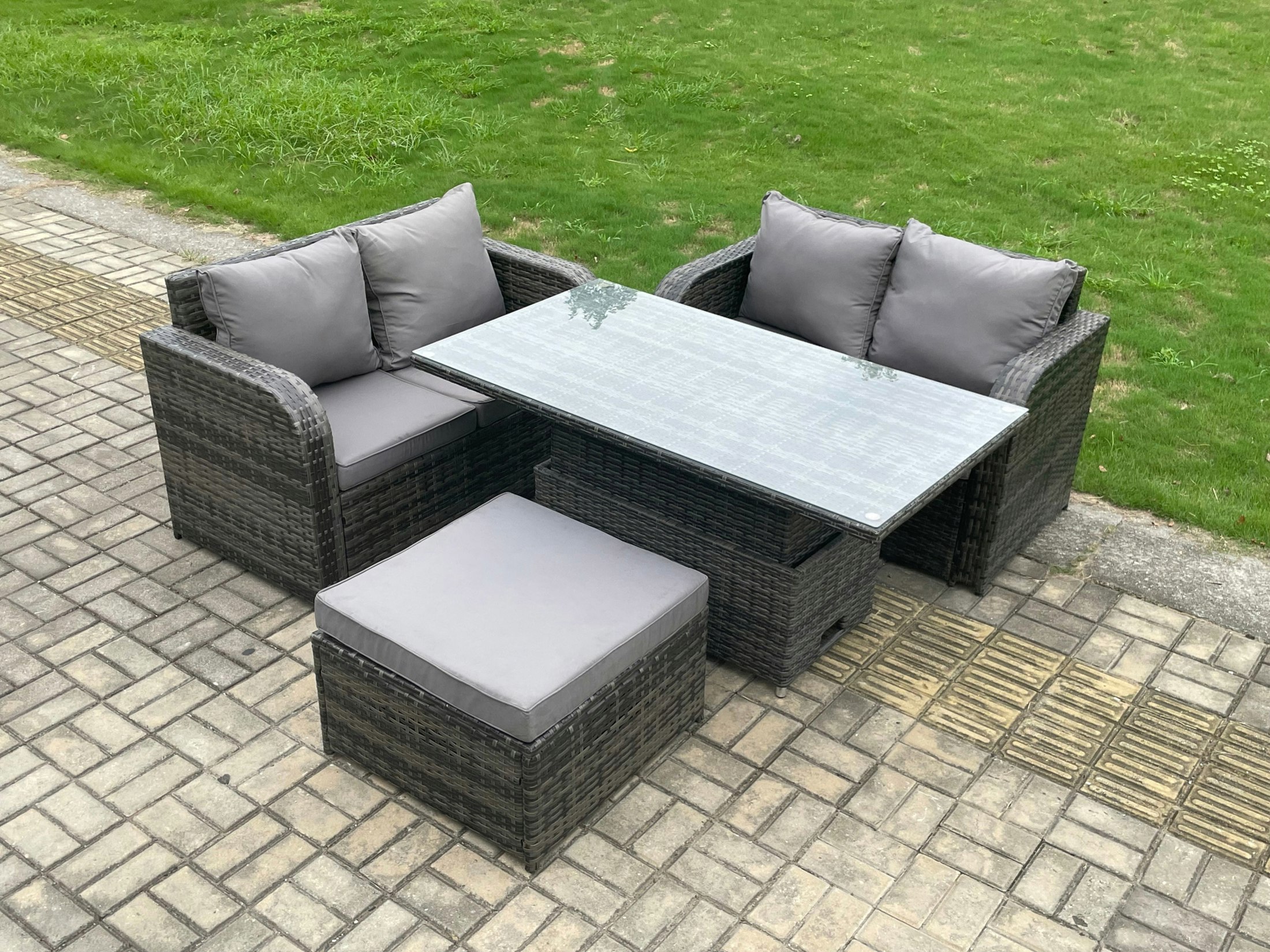Rackhams Dark/Grey Outdoor Rattan Furniture Garden Dining Set Height Adjustable Rising Lifting Table Love Sofa Set With Big Footstool Mixed