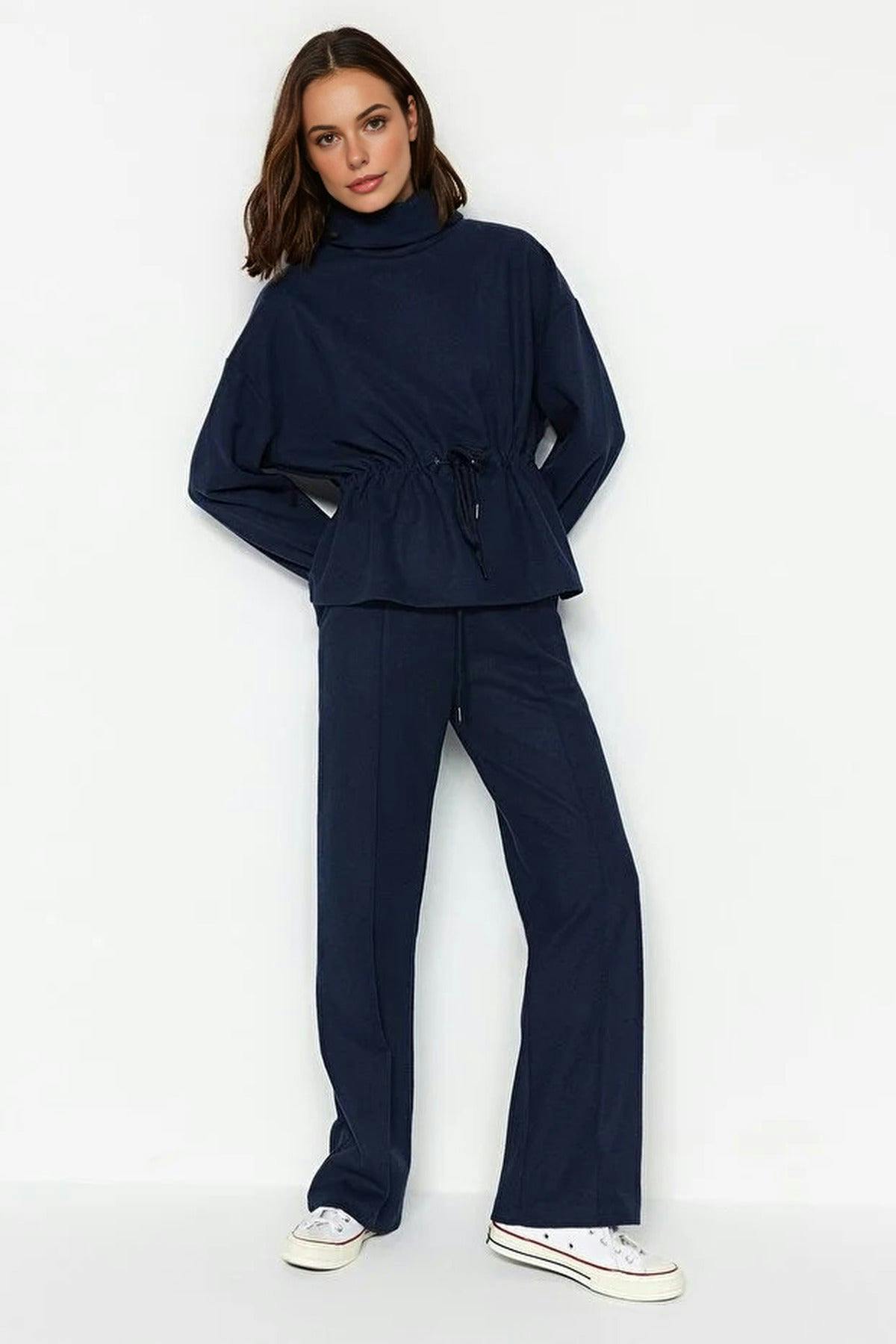 Wovcor Wide Knit Jogger With Ribbed Detail And Pockets - Navy - M