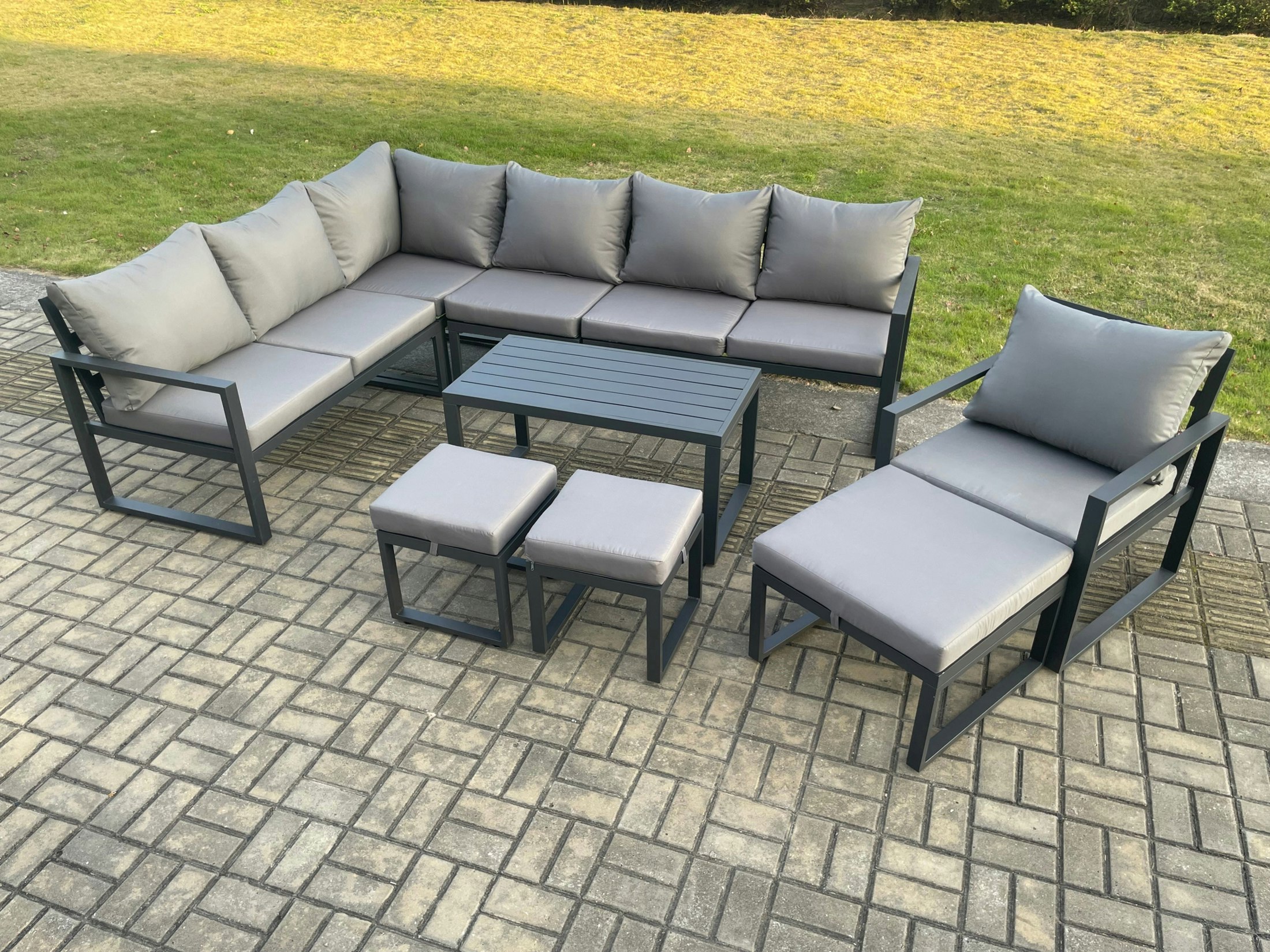 Rackhams Dark/Grey Aluminium 10 Seater Outdoor Lounge Corner Sofa Set Garden Furniture Sets With Oblong Coffee Table Chair 3 Footstools