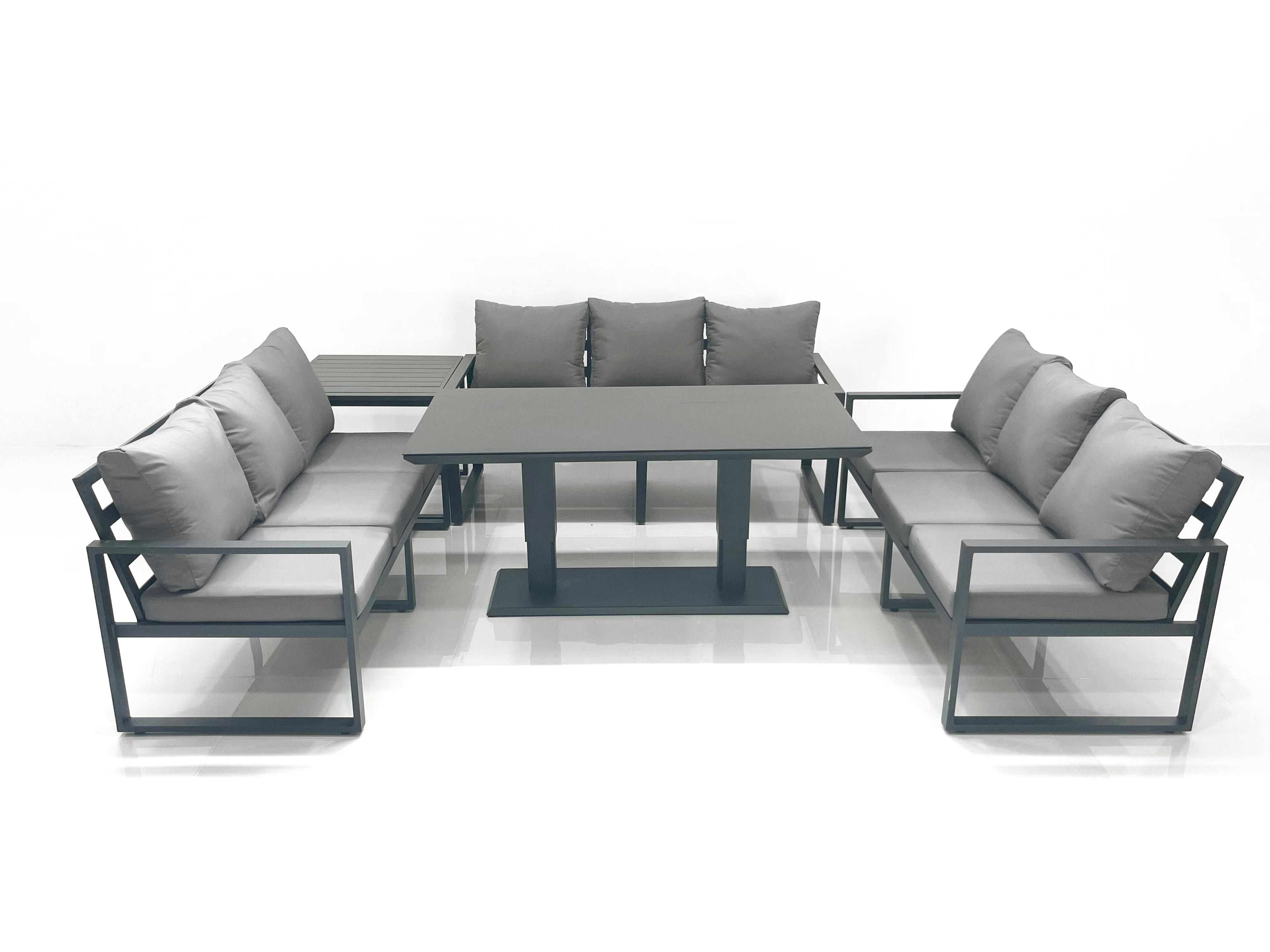 Fimous Dark/Grey 9 Seater Garden Sofa Set Aluminium Furniture Rising Dining Tabe Set With Side Table