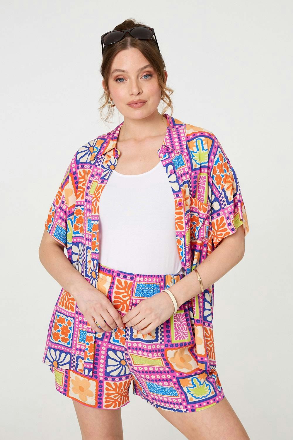 Izabel London Pink Patchwork Print Relaxed Shorts - 16
