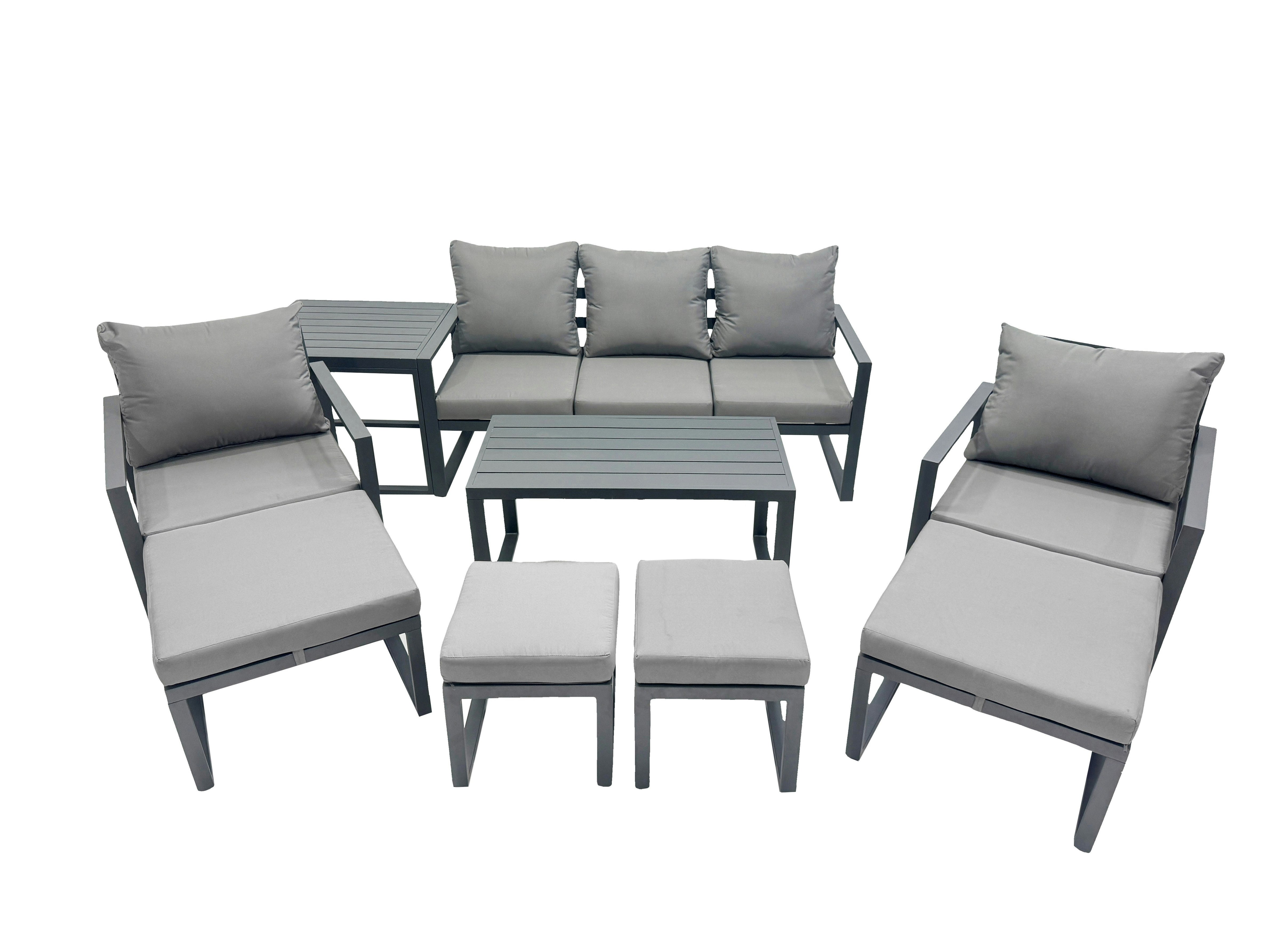 Rackhams Dark/Grey 9 Seat Outdoor Garden Furniture Set Aluminium Lounge 3 Seat Sofa Oblong Coffee Table Sets With Chair 4 Stools Side Table