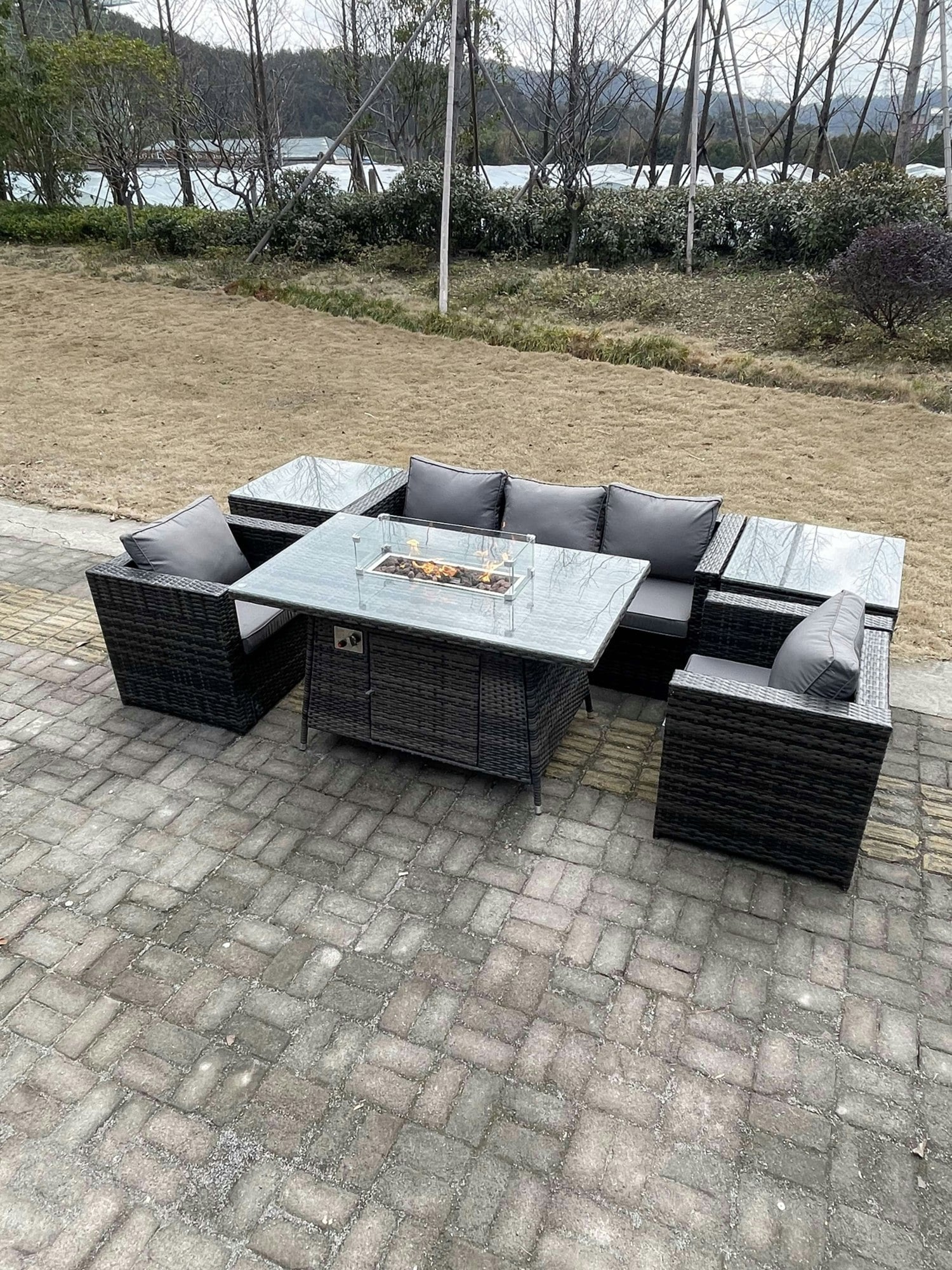 Rackhams Dark/Grey Outdoor Lounge Rattan Sofa Set Garden Furniture Gas Fire Pit Set Dining Table Patio Heater 2 Chair 2 Coffee Table Mixed