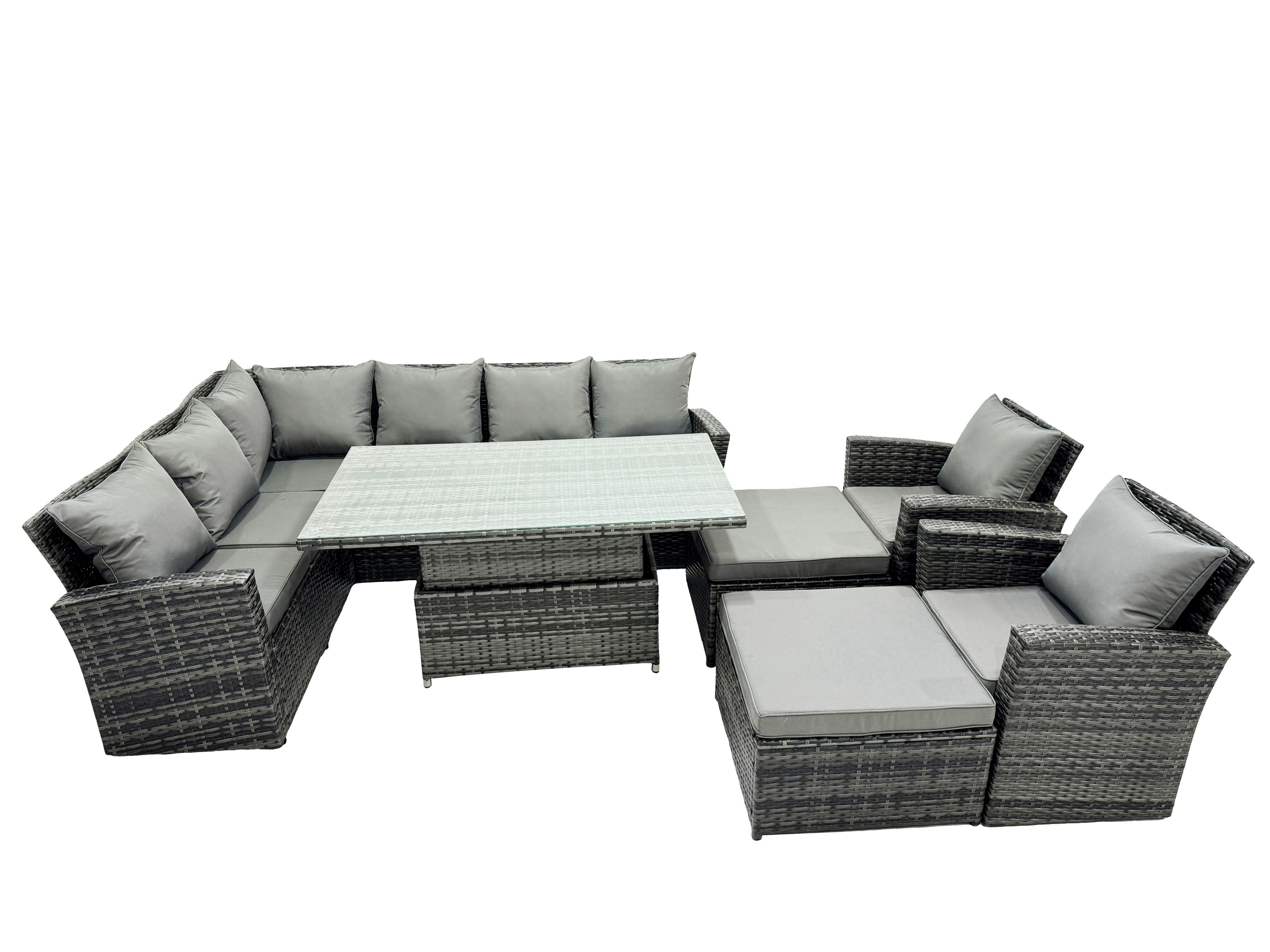 Fimous Dark/Grey Poly Rattan Outdoor Patio Height Adjustable Rising Lifting Table Corner Sofa Set With 2 Big Stool,2 Chairs For Garden Backyard Mixed