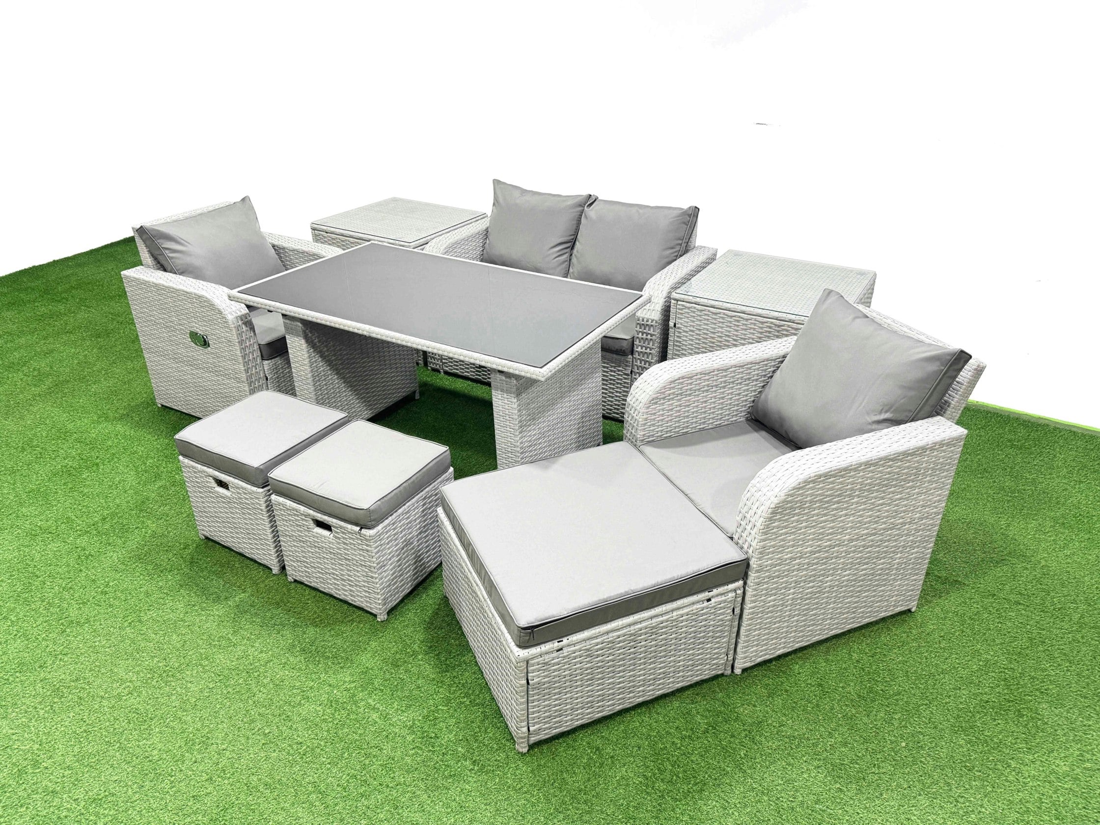 Rackhams Dark/Grey Outdoor Rattan Garden Furniture Dining Set 7 Seater Patio Rectangular Table Love Sofa Reclining Chair Set With 2 Side Tables 3 Stools