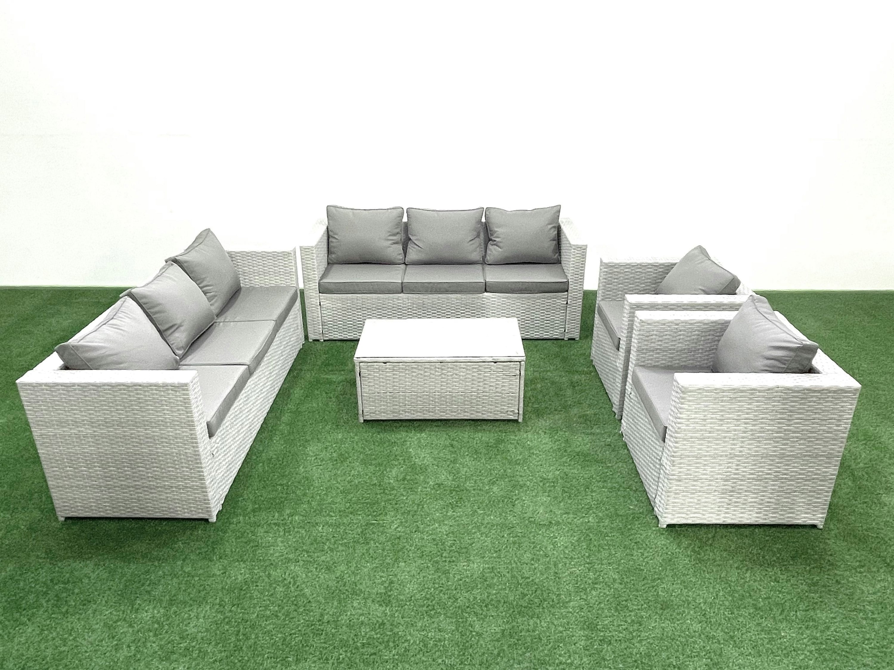 Fimous Light/Grey Outdoor Rattan Sofa Garden Furniture Set With 2 Armchairs Oblong Coffee Table Mixed