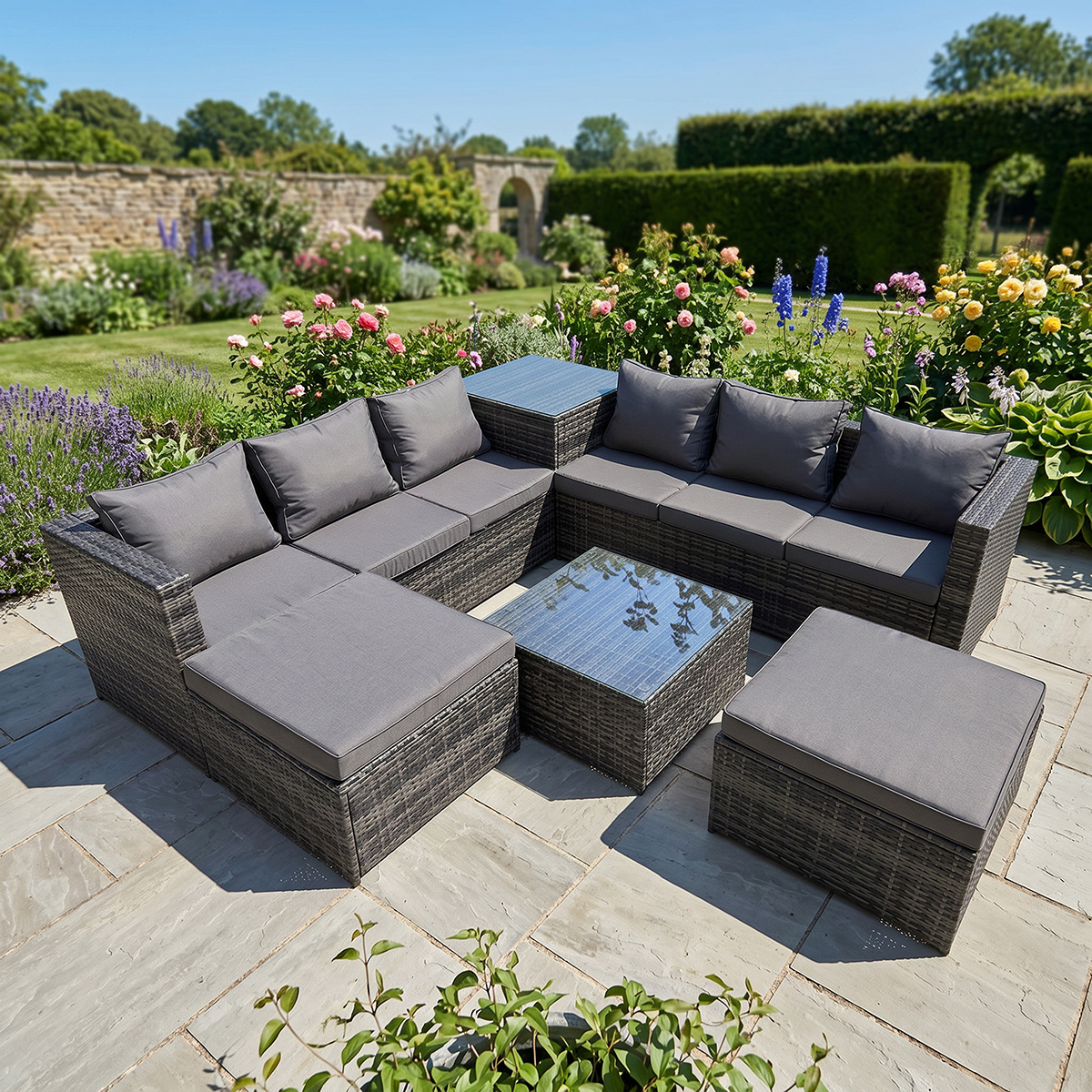Rackhams Dark/Grey 8 Seater Rattan Garden Furniture Set With Corner Sofa, Coffee Table & 2 Stools