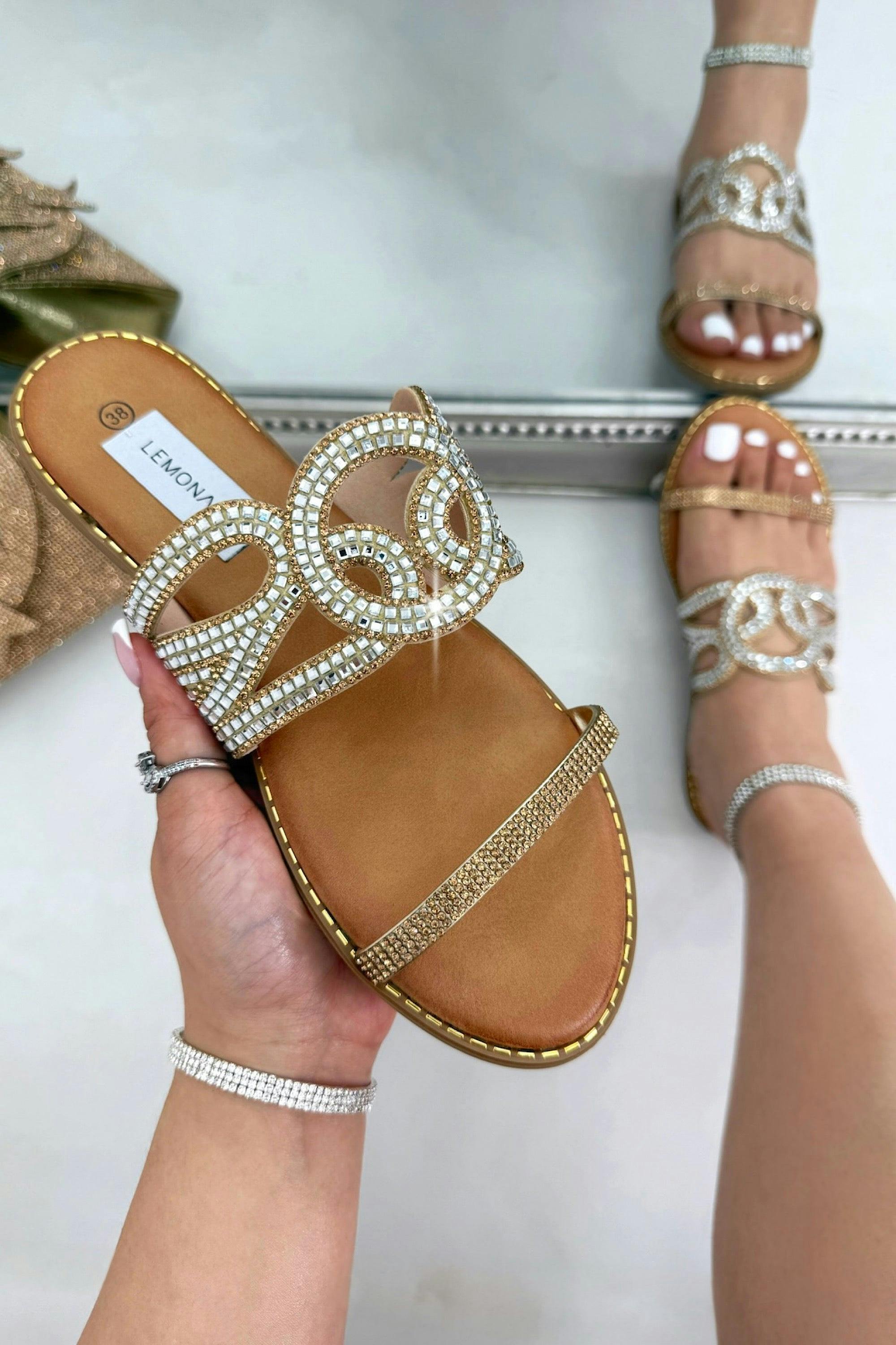 Love Lemonade Women's Gold Crystal Amalfi Knot Sliders - Uk 6
