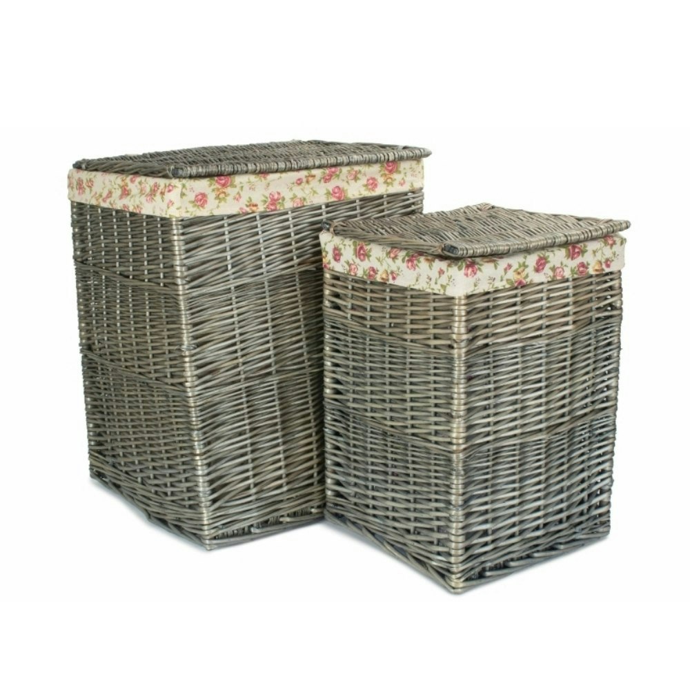 Rackhams Brown/Cream Set Of 2 Square Wicker Laundry Basket With Garden Rose Lining
