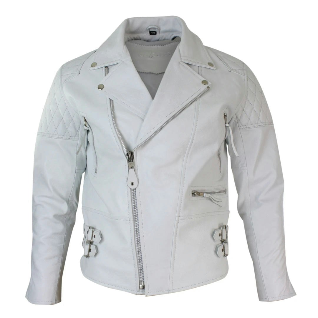 Infinity Leather Men's White/Black Leather Company Cross Zip Cow Hide Padded Biker Jacket Brando - 4XL